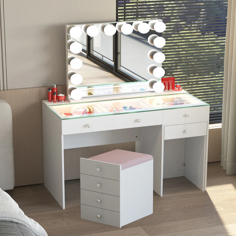 VANITII Diana 8 Drawers Vanity Desk Includes a Soft Hidden Stool With Storage Space