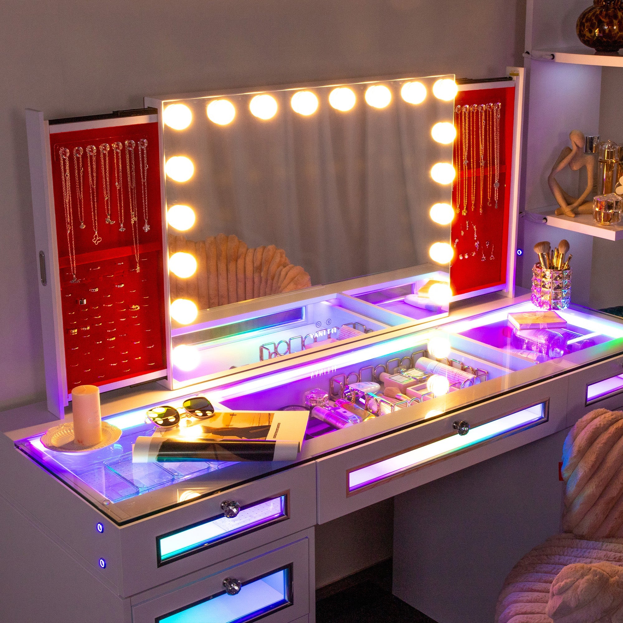 VANITII Hideaway Jewelry Vanity Mirror features high lumen LED bulbs,smart touch control,buletooth speakers and detachable mirror base.Placed on the makeup table in the bedroom, they perfectly combine beauty and functionality.