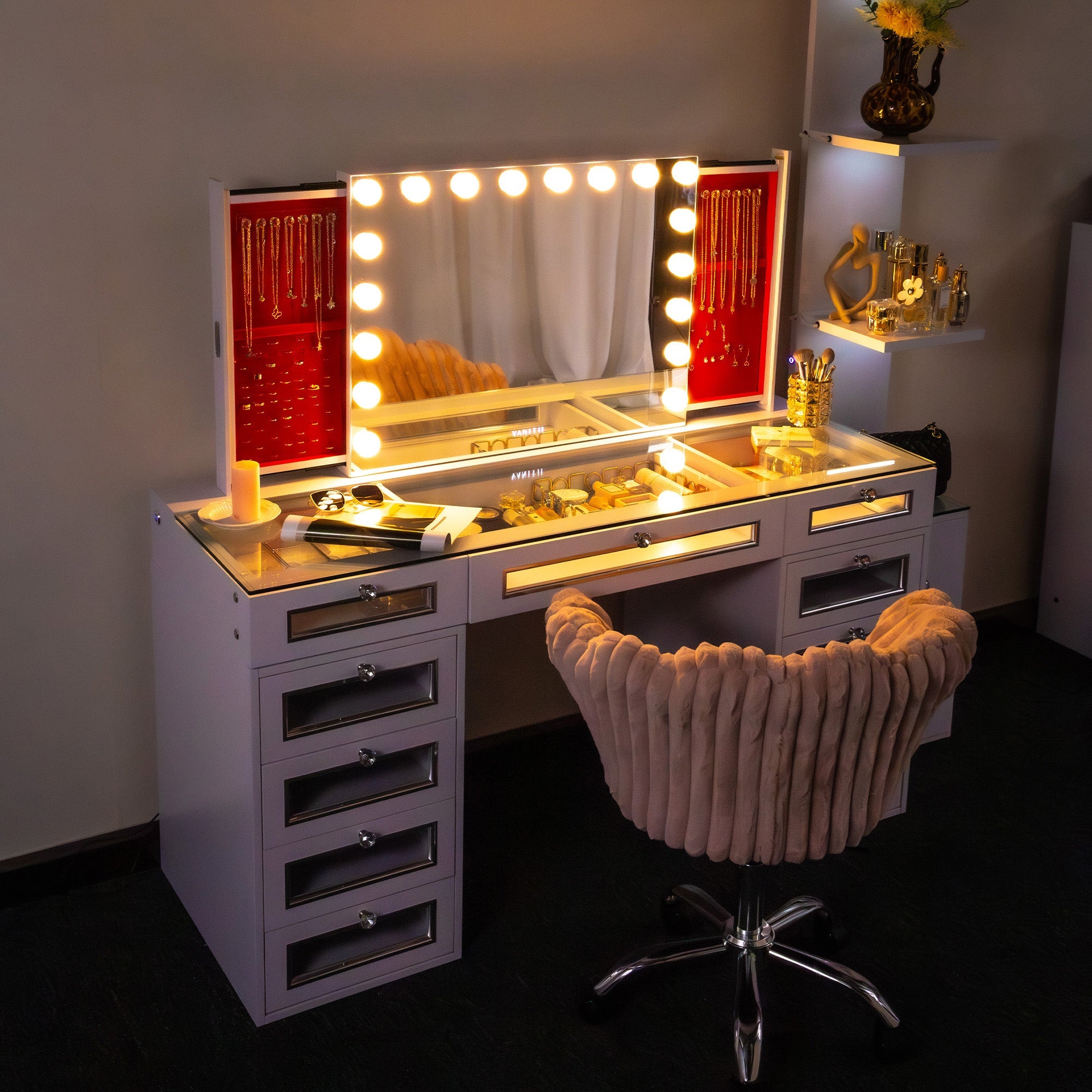 VANITII Hideaway Jewelry Vanity Mirror features high lumen LED bulbs,smart touch control,buletooth speakers and detachable mirror base.Placed on the makeup table in the bedroom, they perfectly combine beauty and functionality.