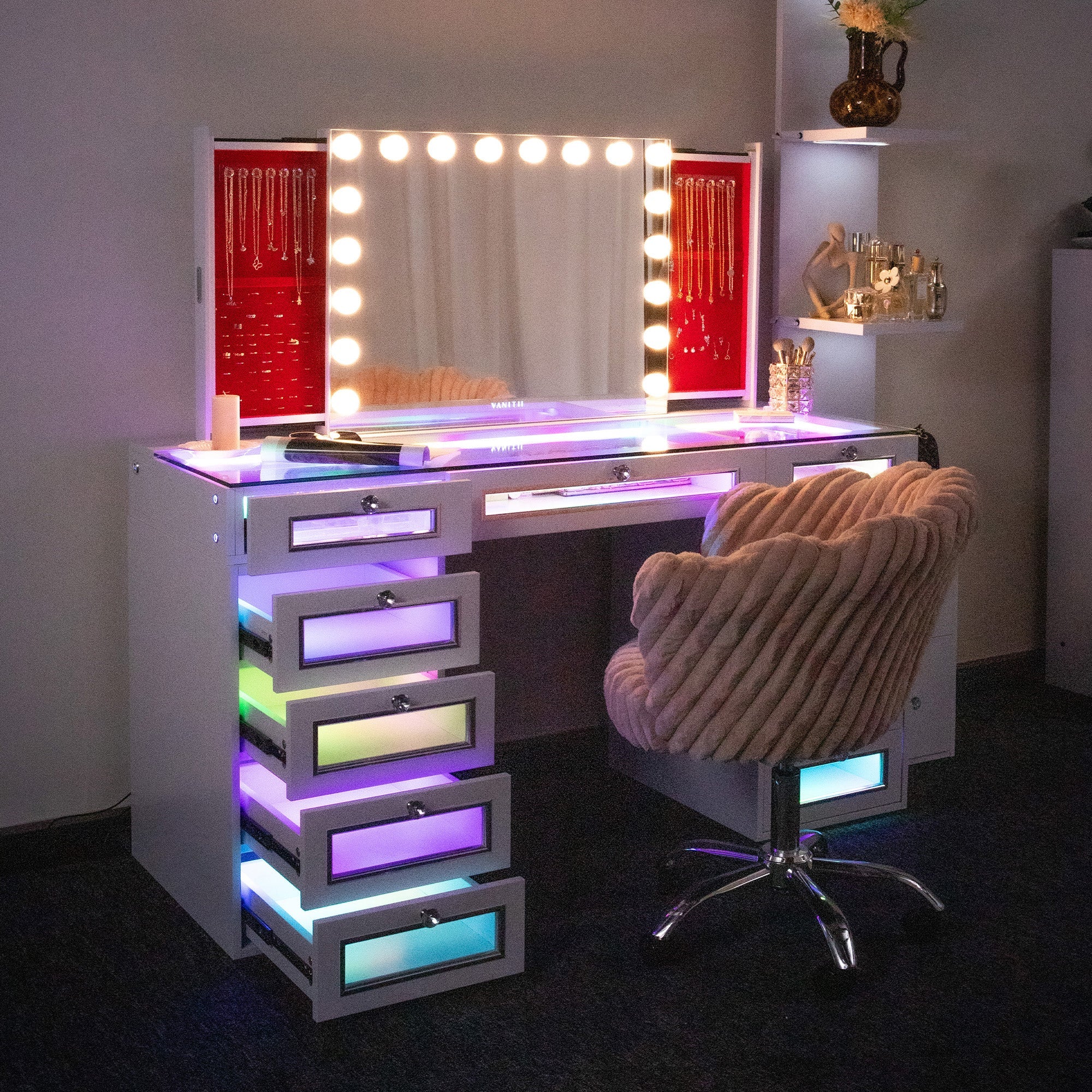 VANITII Hideaway Jewelry Vanity Mirror features high lumen LED bulbs,smart touch control,buletooth speakers and detachable mirror base.Placed on the makeup table in the bedroom, they perfectly combine beauty and functionality.