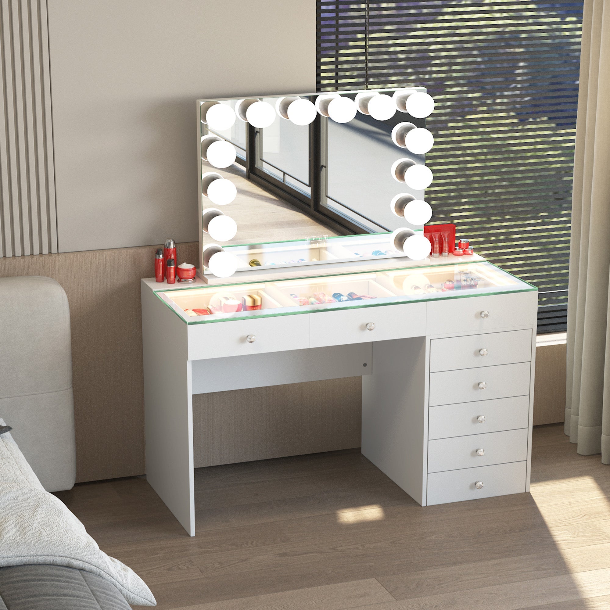 White vanity table with mirror and lights in a room setting