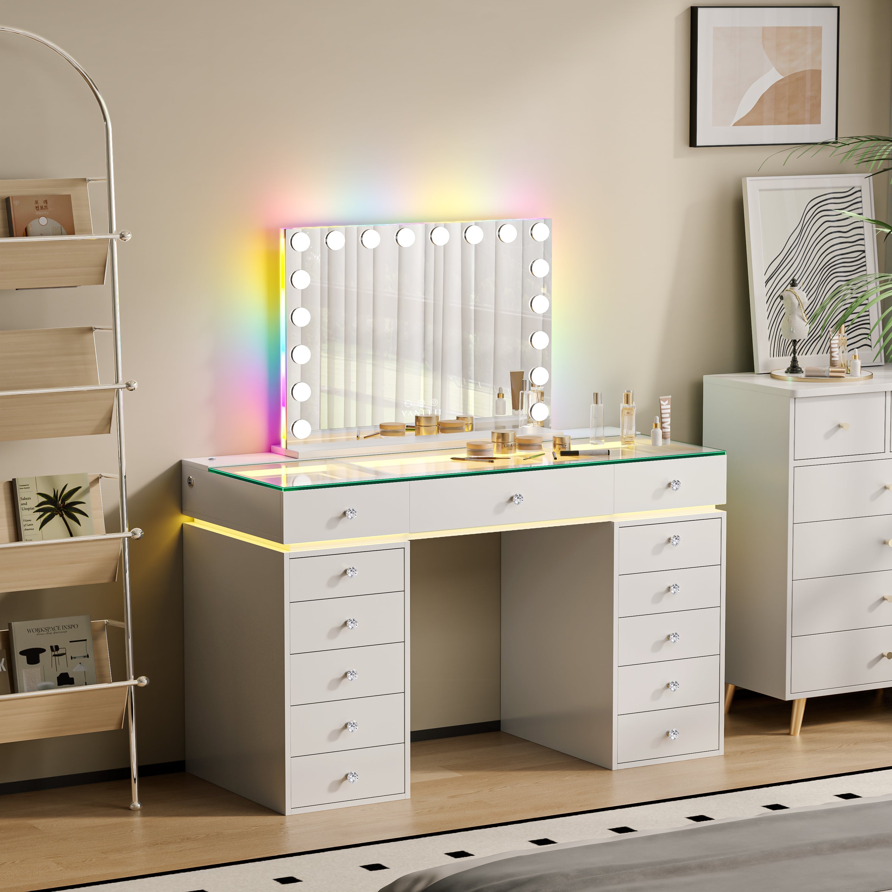 The VANITII Mini Eva white vanity unit with multiple drawers and a glass display top featuring built-in lighting.It is entirely designed in a simple white style. Placed in the bedroom, it perfectly combines fashion and practicality.