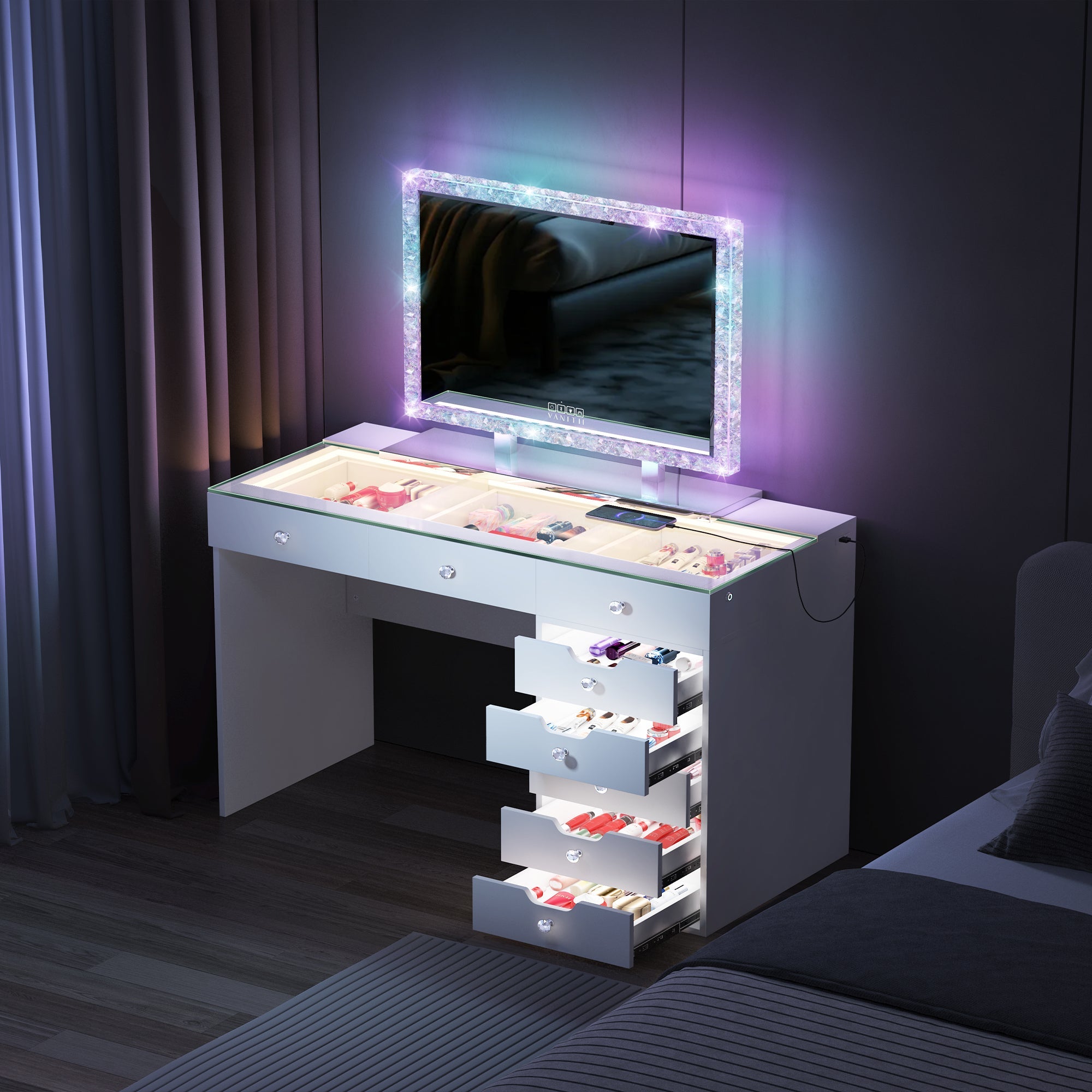 The VANITII Diana Vanity Desk is equipped with 8 drawers with crystal handles, Type-C and USB charging ports, and a glass countertop with 3 adjustable LED light strips of different color temperatures. It features a simple white design and is placed in the bedroom, perfectly combining fashion and practicality.