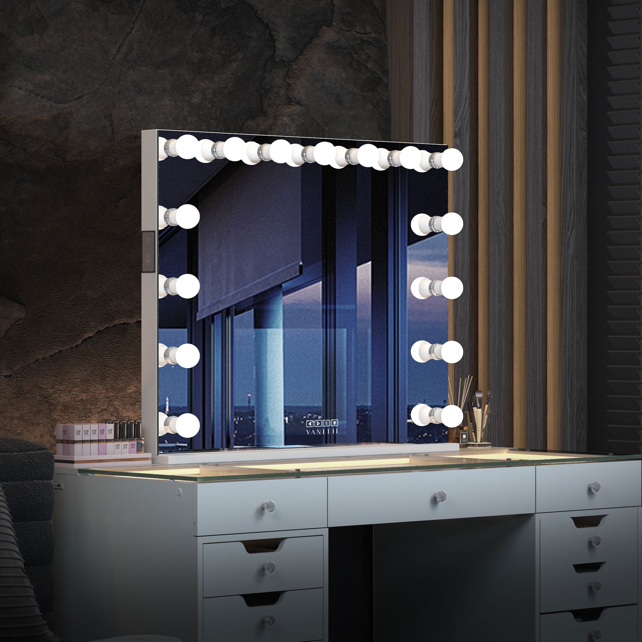 VANITII Marilyn Hollywood Vanity Mirror Pro Max - Tabletop or Wall Mount Vanity Mirror with 15 Dimmable LED Bulbs vanitii,Intelligent touch control,built-in bluetooth speakers and Outlet and USB charging port.It places in the bedroom.Combines fashion and practicality perfectly.
