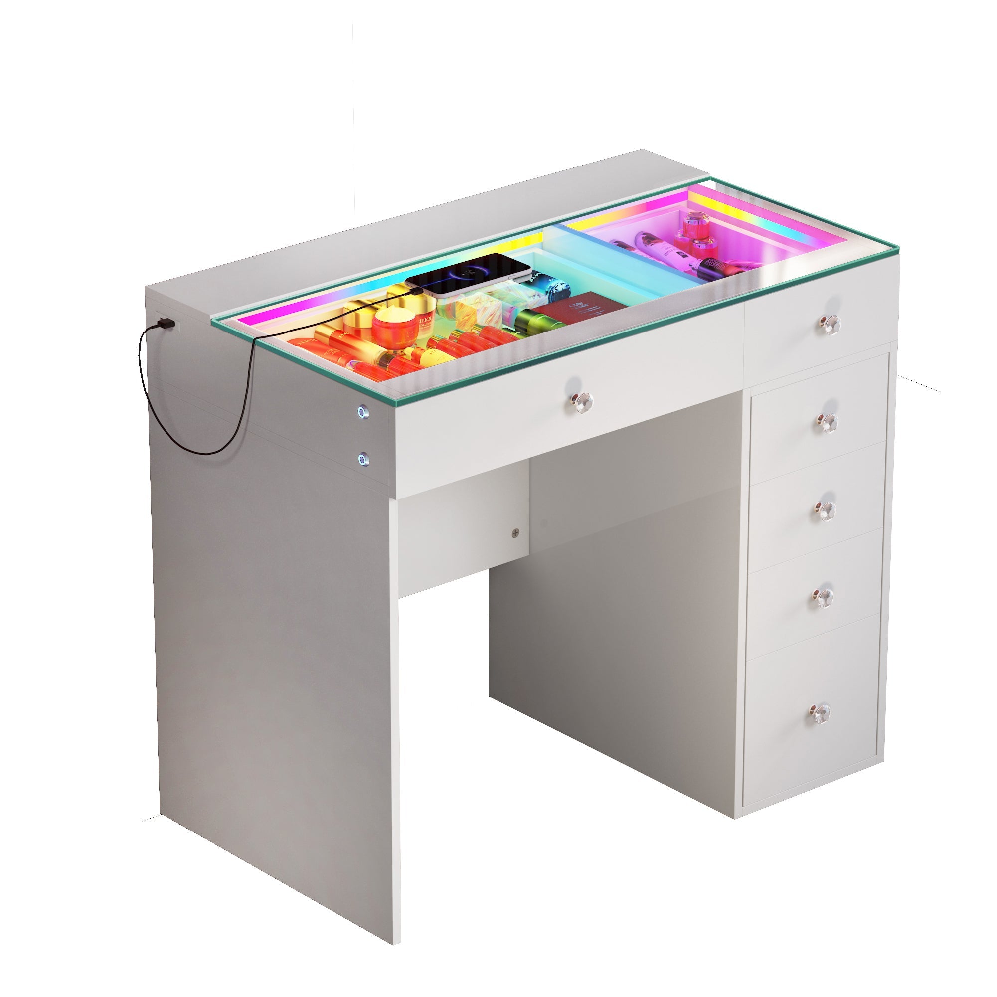 VANITII Diana vantity desk with 6 drawers, featuring a glass display top with RGB lighting and Type-C and USB charging ports.It features a simple and white design.