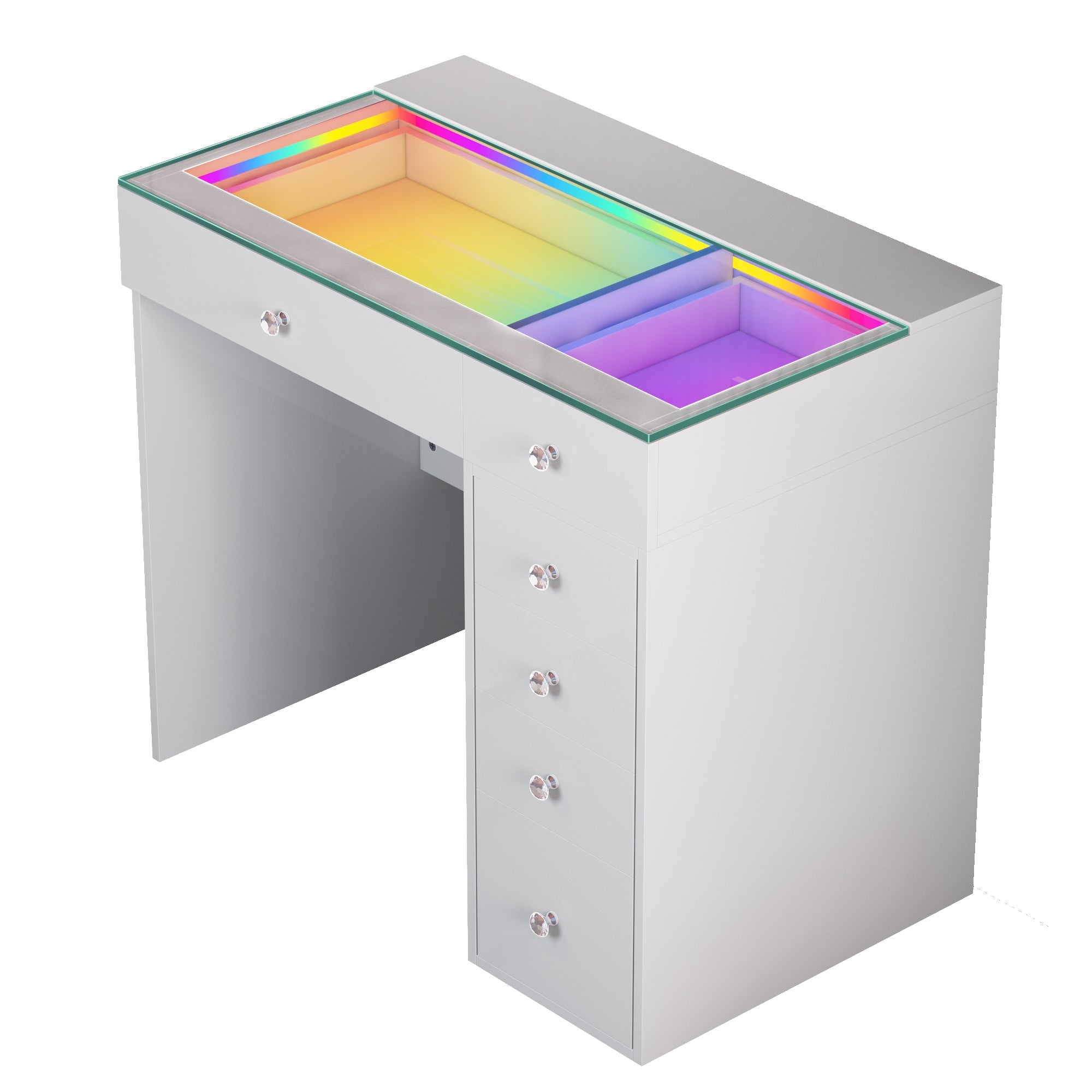 VANITII Diana vantity desk with 6 drawers, featuring a glass display top with RGB lighting and Type-C and USB charging ports.It features a simple and white design.