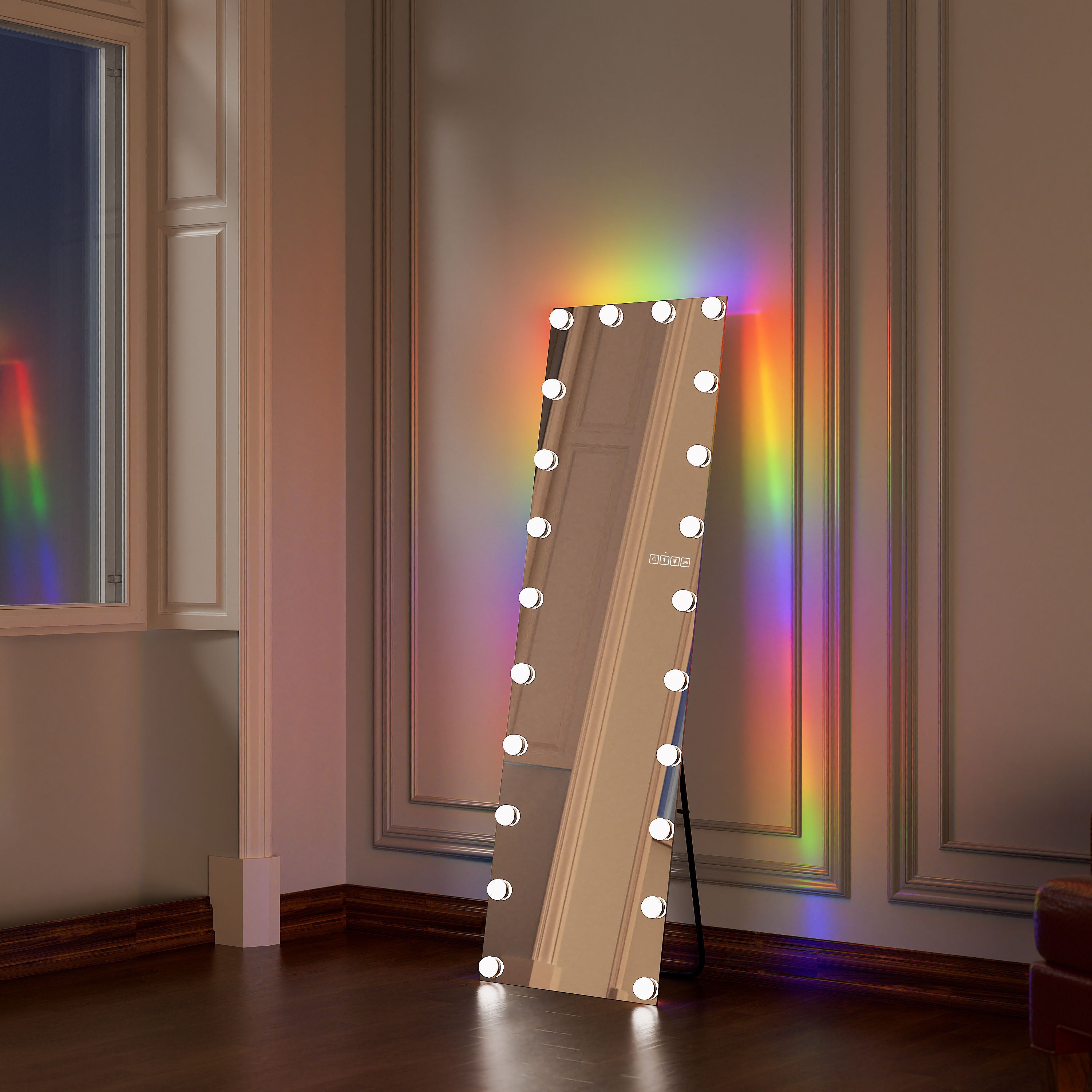VANITII Full-Length Vanity Mirror features RGB LED Light,22 adjustable brightness bulbs,smart touch control and detachable mirror base.Whether placed in the living room or bedroom, it is both practical and versatile.