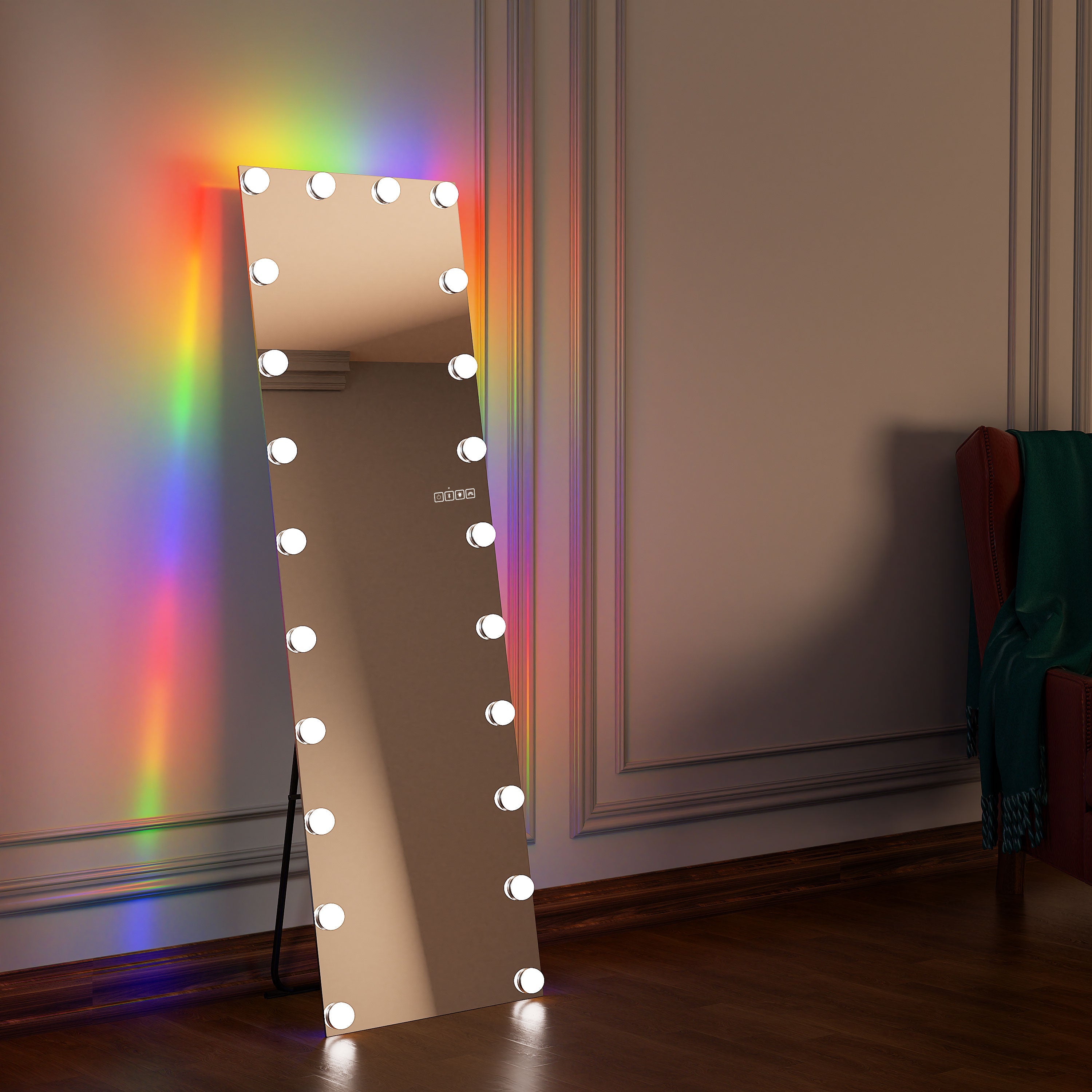 VANITII Full-Length Vanity Mirror features RGB LED Light,22 adjustable brightness bulbs,smart touch control and detachable mirror base.Whether placed in the living room or bedroom, it is both practical and versatile.