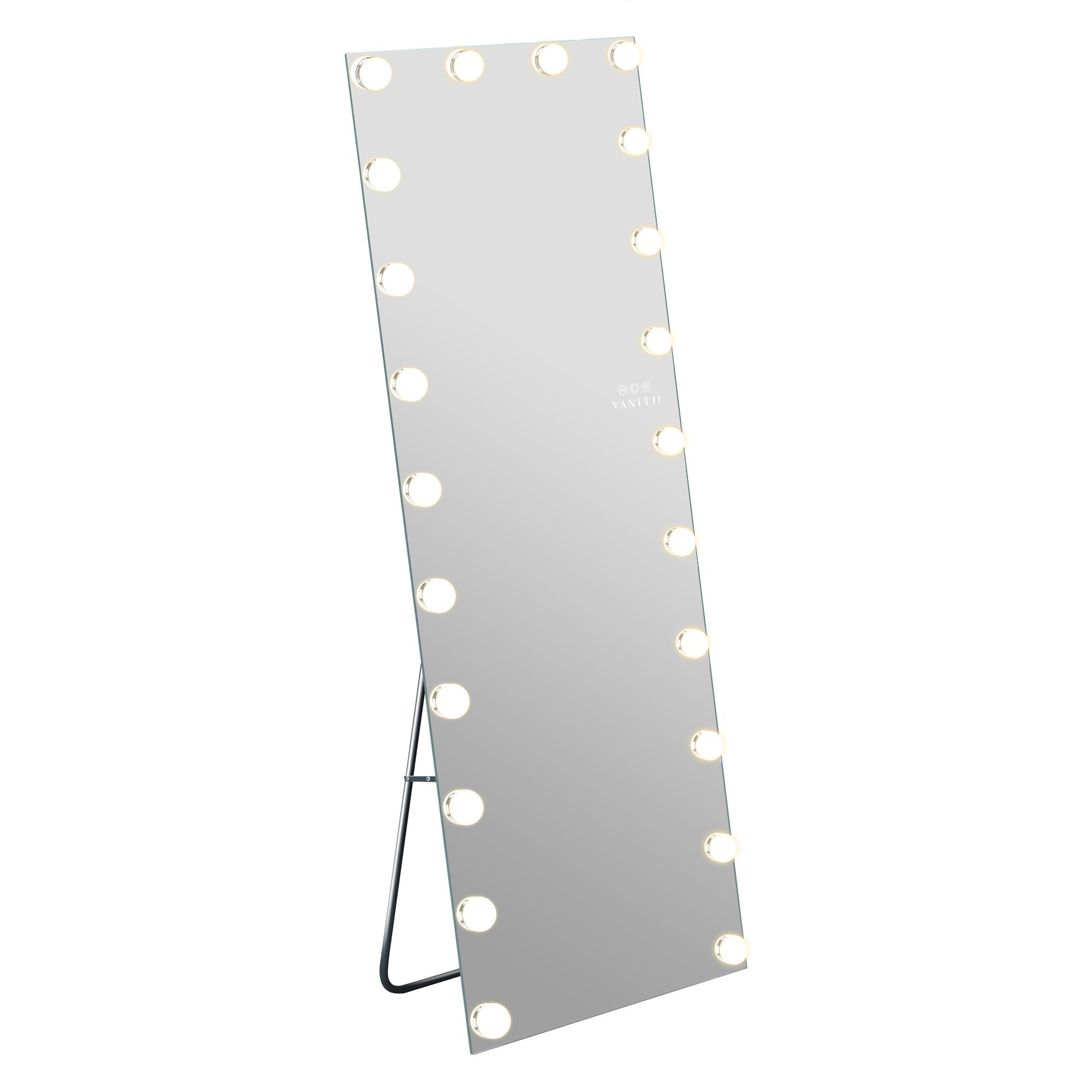 This full-length vanity mirror is equipped with 22 dimmable LED bulbs, intelligent touch control, RGB light strips, a built-in Bluetooth speaker, and a detachable base. It can perfectly showcase your entire body and create an atmosphere in the bedroom.