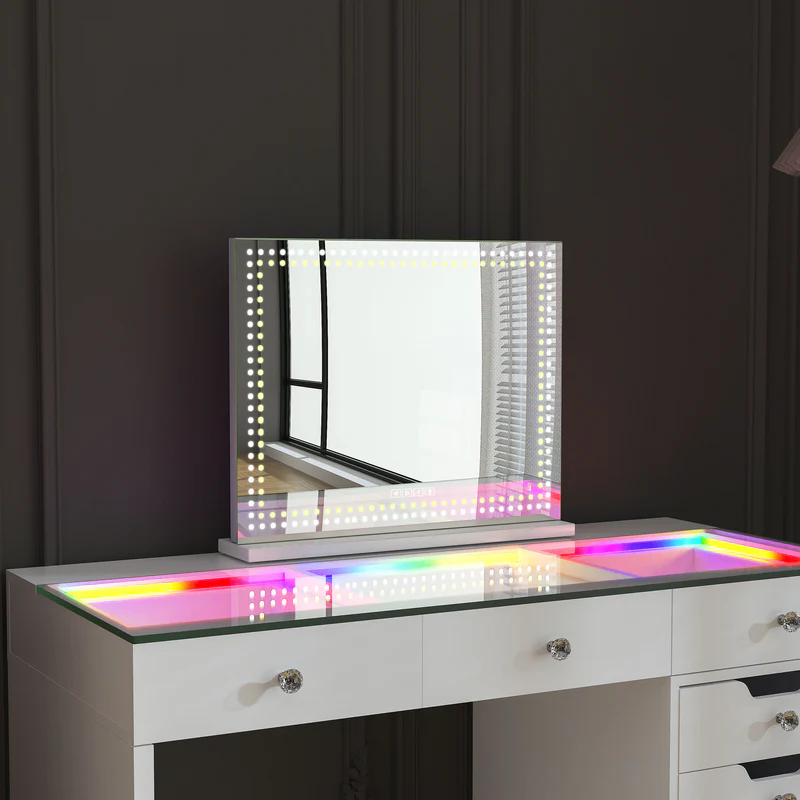 The VANITII DL Vanity Mirror is equipped with high-lumen LED lights, smart touch control, Bluetooth speaker, USB charging port, and detachable mirror base.The frame of the mirror is designed in a simple white style. Placed on the makeup table in the bedroom, it combines fashion and practicality perfectly.