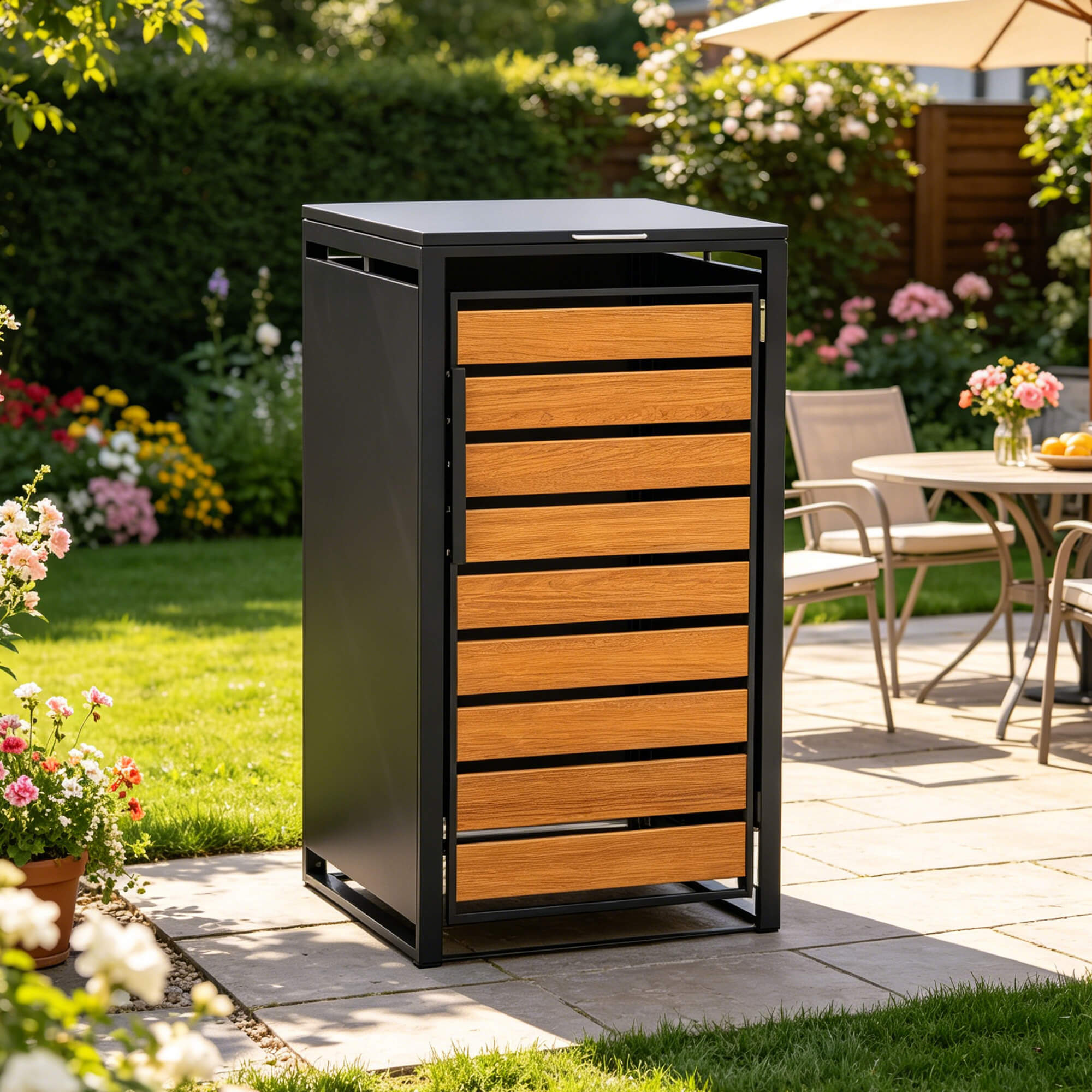 Single-Door Steel Trash Can Enclosure With Nature Wood Grain Front Door