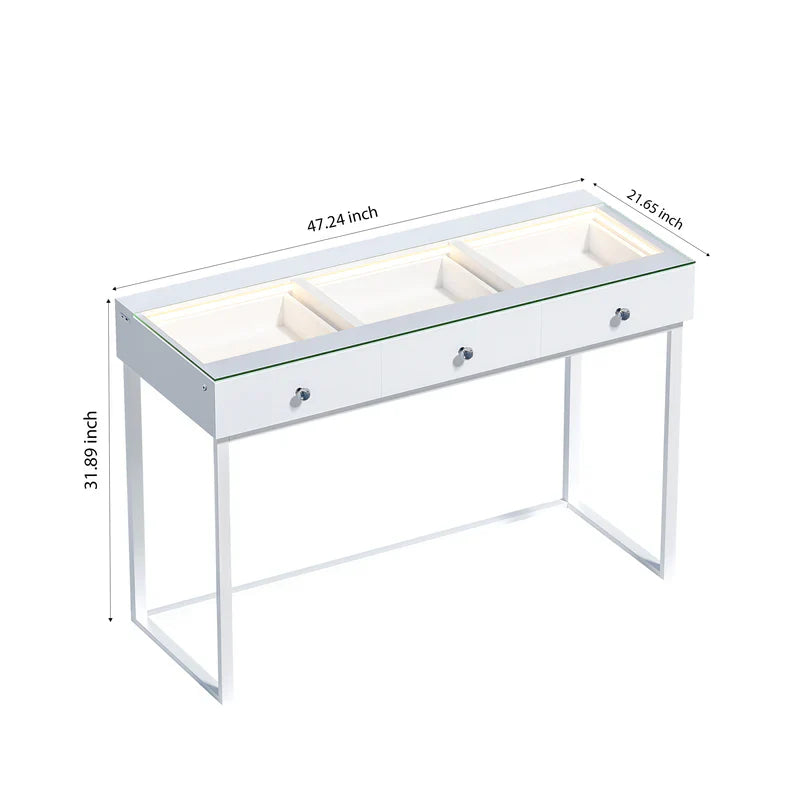 Size of VANITII Billie vatity desk.It features 3 drawers and built-in white light strip.