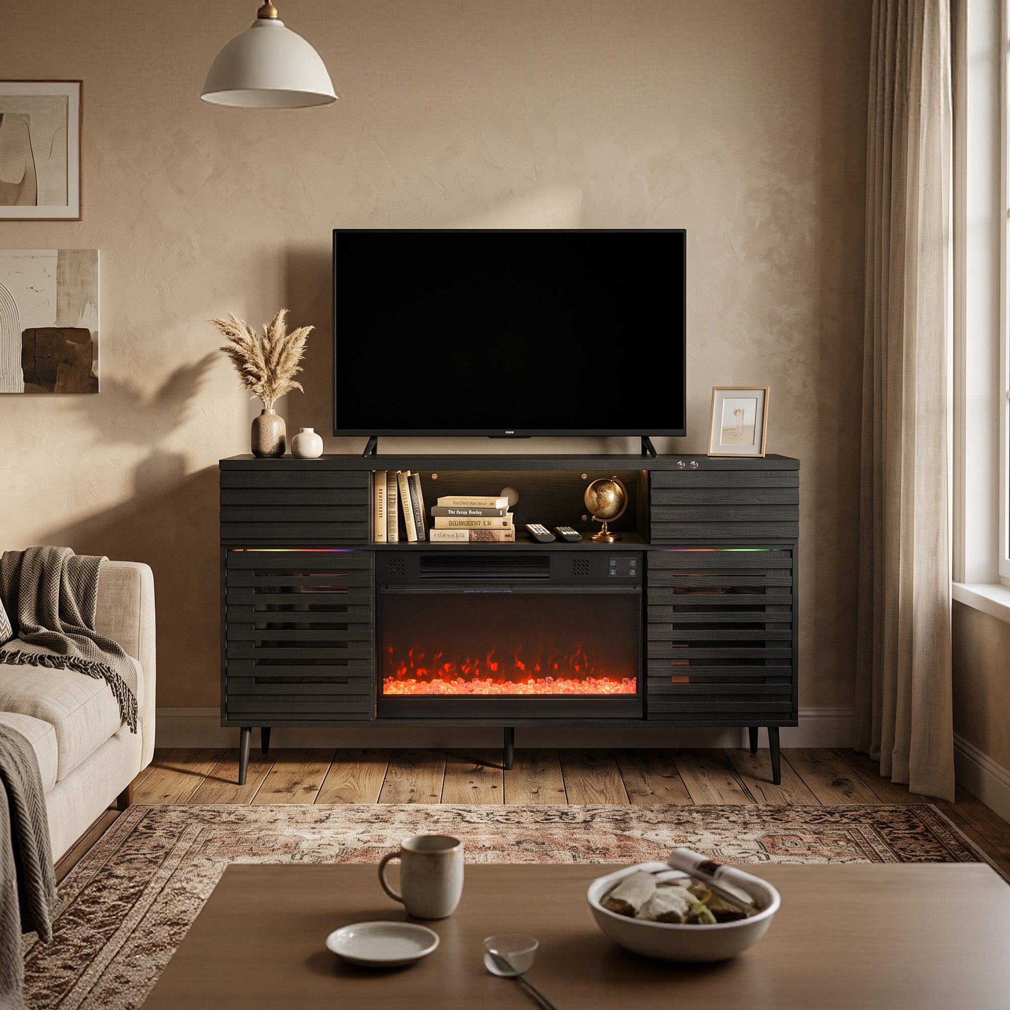 VANITII Mid-Century Fully Assembled Sita TV Stand with Electric Fireplace