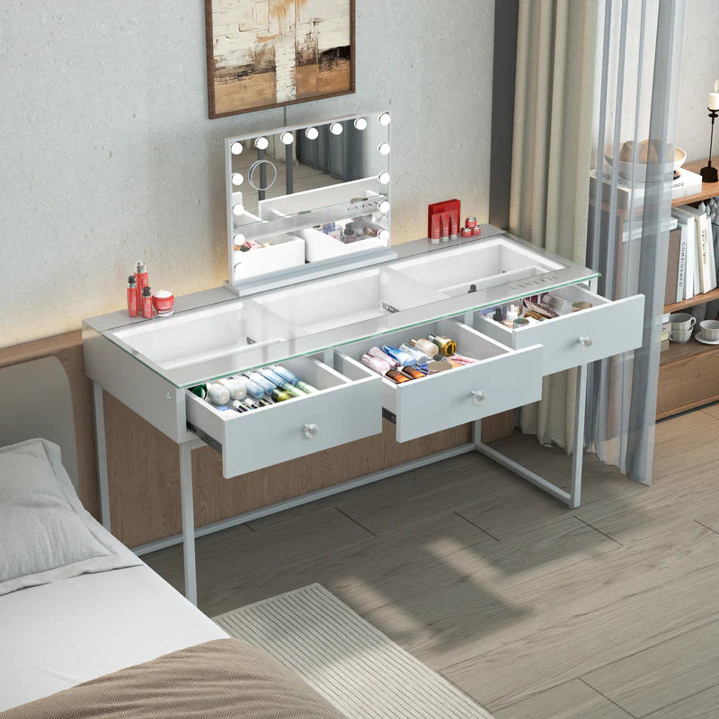 VANITII Billie vatity desk features 3 drawers and built-in white light strip.It features a simple and white design. Placed beside the bed in the bedroom, it is both practical and versatile.