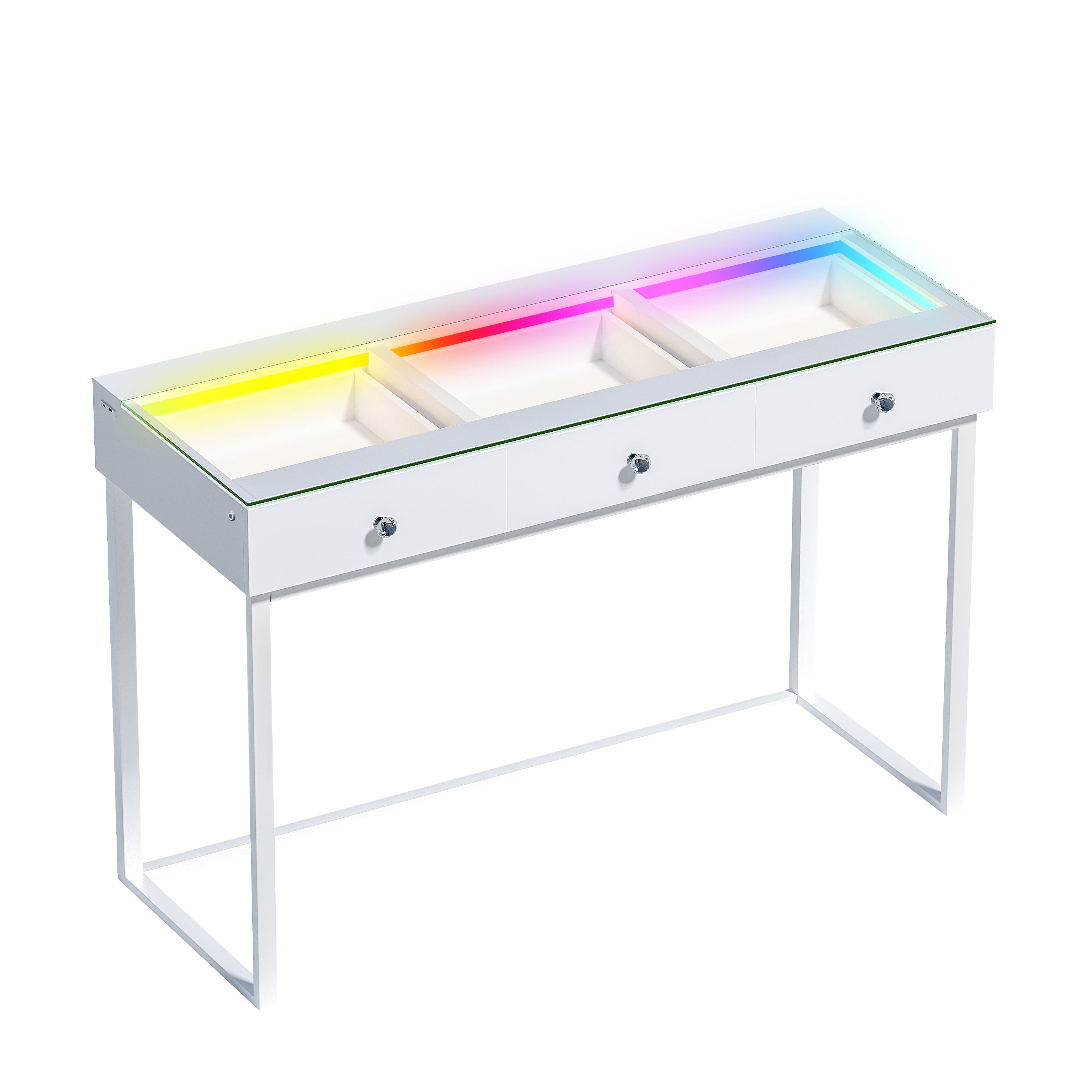 VANITII Billie vanity table features 3 storage drawers,build-in RGB LED light strip and glass tabletop.It features a simple and white design.