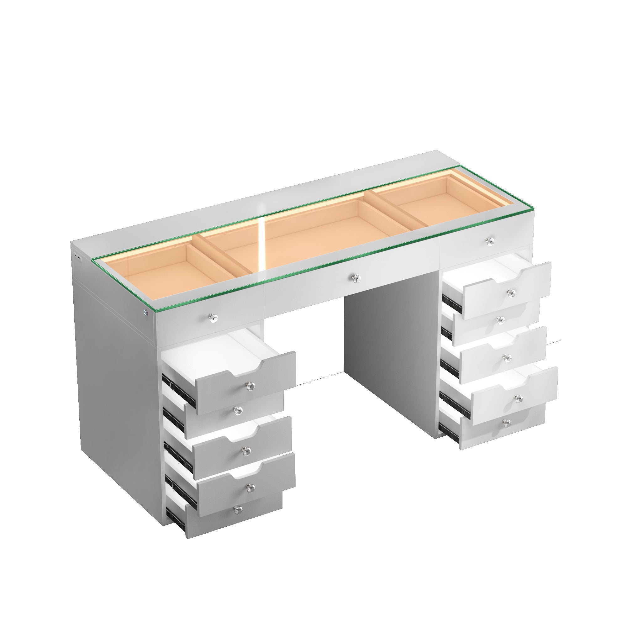 VANITII Eva Vanity Makeup desk with glass tabletop, 13 storage drawers, and built-in LED light strip. Also features Type C and USB charging ports.It features a simple white design, which is both fashionable and versatile.
