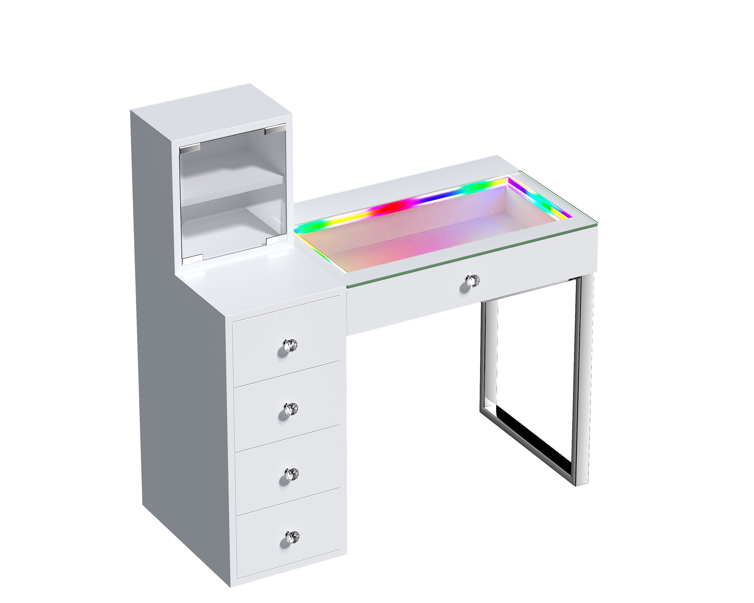 VANITII FABY RGB Vanity Table features RGB Light Strip on the glass desktop,5 Storage Drawers with Crystal Handles and USB and Type-C Charging Ports.There are also 2 layers of transparent storage shelves on the side.It adopts a simple white design, perfectly combining beauty and functionality.