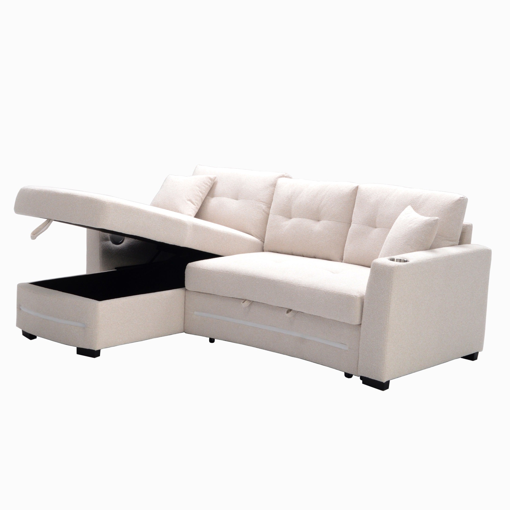A beige L-Shape Sofa with storage and Pull-out bed.Its directions is LHF。
