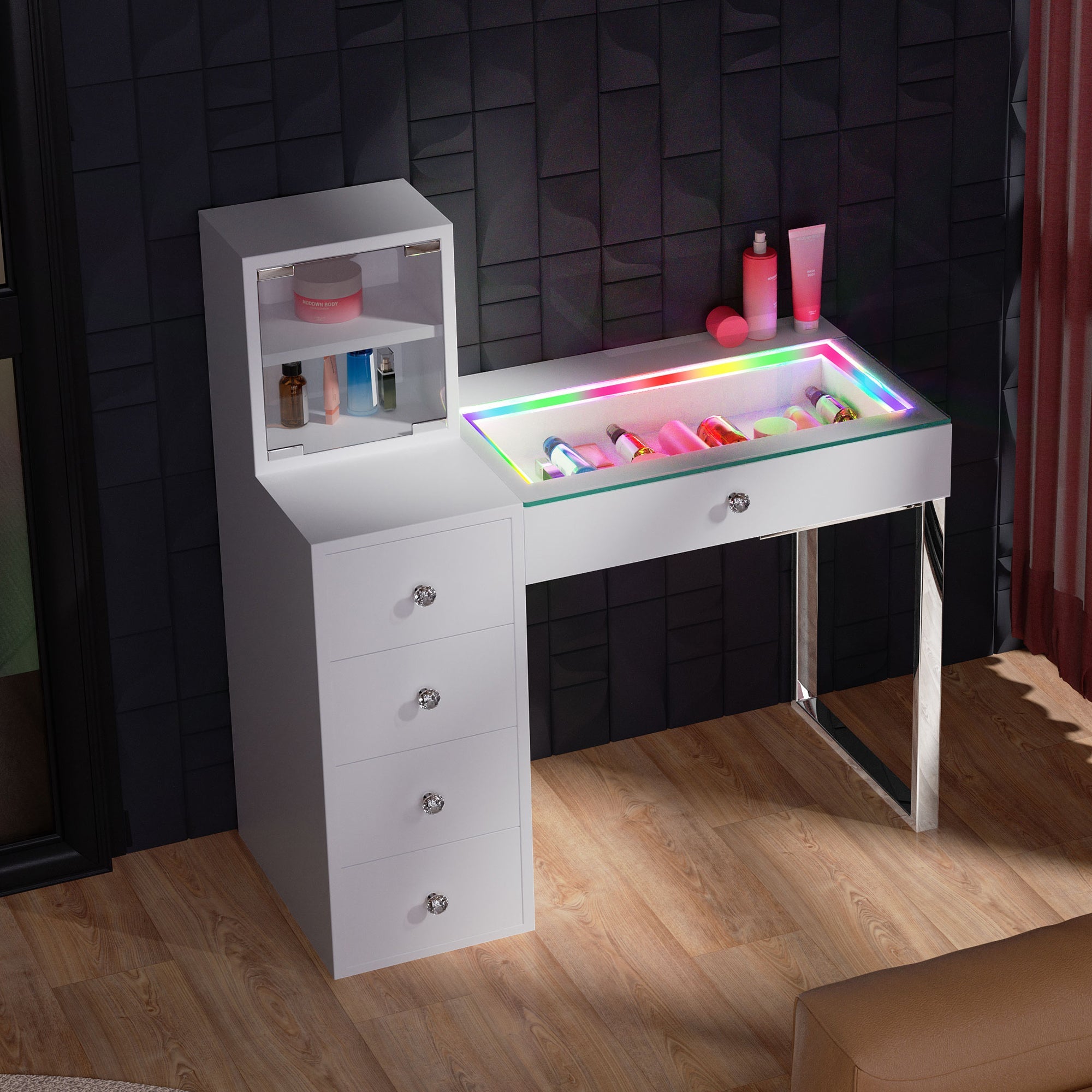 VANITII FABY RGB Vanity Table features RGB Light Strip on the glass desktop,5 Storage Drawers with Crystal Handles and USB and Type-C Charging Ports.There are also 2 layers of transparent storage shelves on the side.It features a simple white design. When placed in the bedroom, it perfectly combines beauty and functionality.