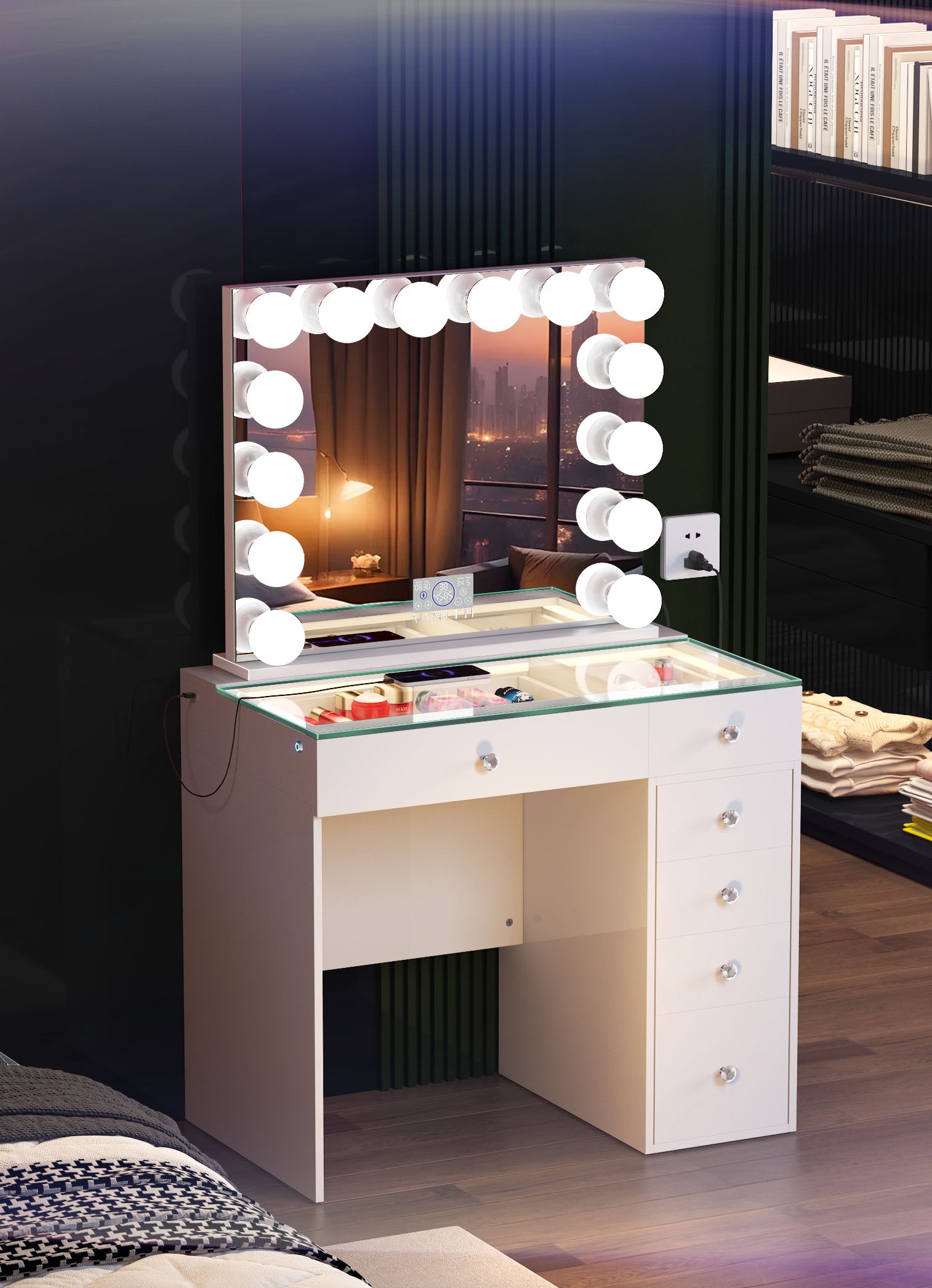 Vanitii Diana white vanity desk with LED mirror