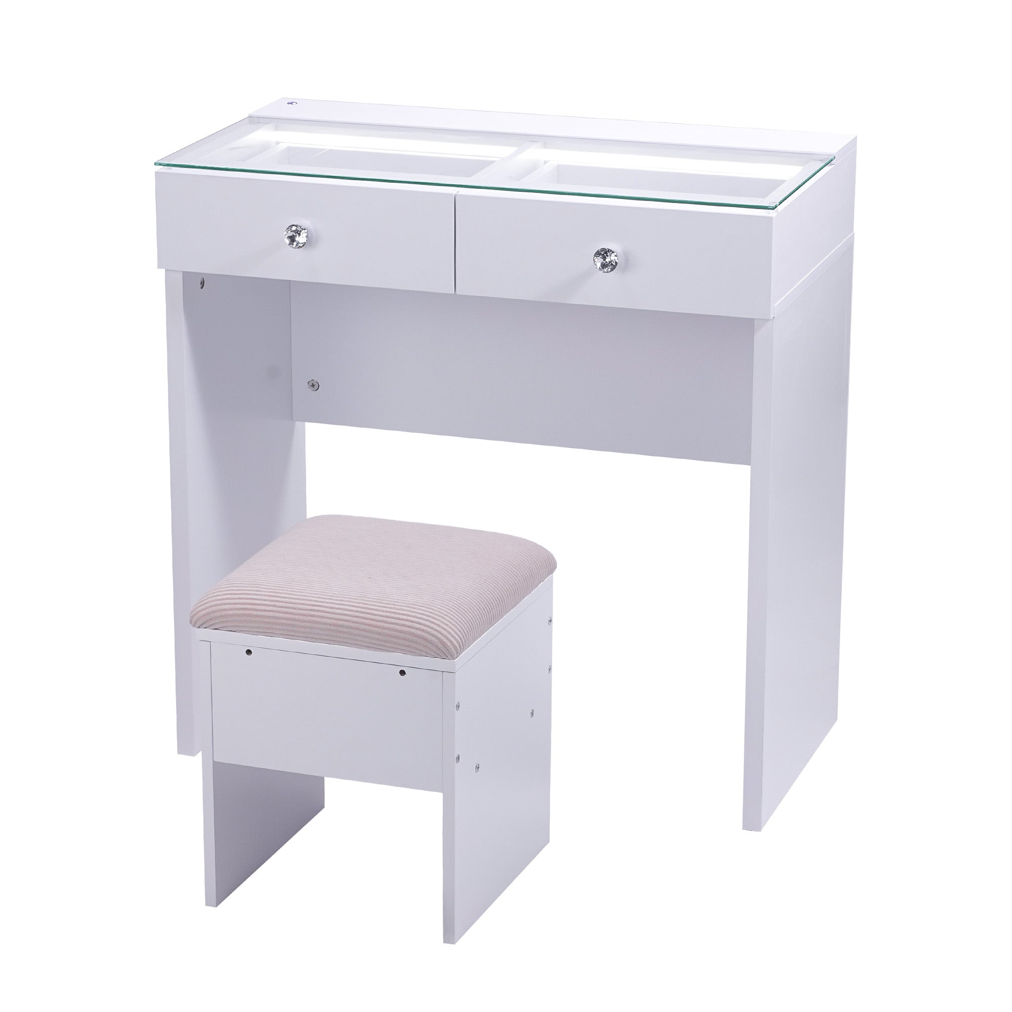 VANITII Aisling Vanity Desk features 2 Storage Drawers with Crystal Handles,built-in light strip on the desktop and adjustable brightness.It features a simple white design and perfectly combines beauty and functionality.