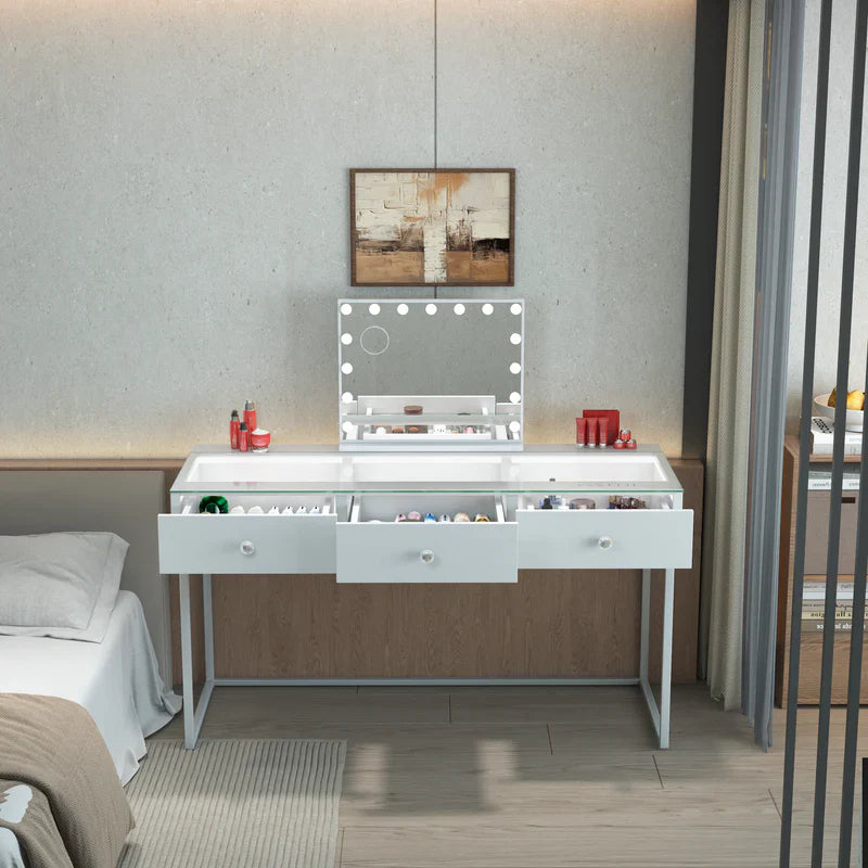 VANITII Billie vatity desk features 3 drawers and built-in white light strip.It features a simple and white design. Placed beside the bed in the bedroom, it is both practical and versatile.