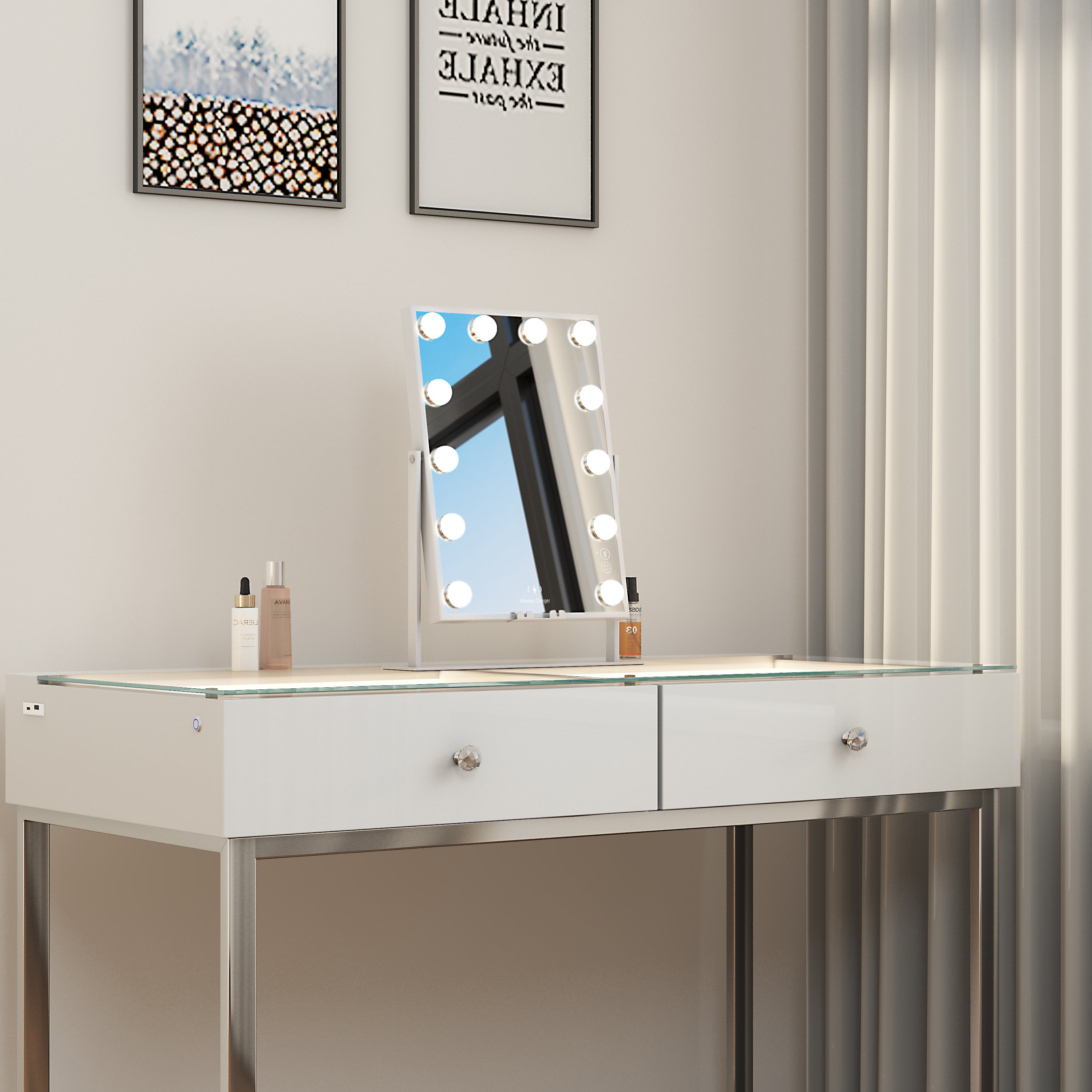 VANITII Hathaway Hollywood Slim Vanity Mirror with Wireless Charging L - 12 Dimmable LED Bulbs