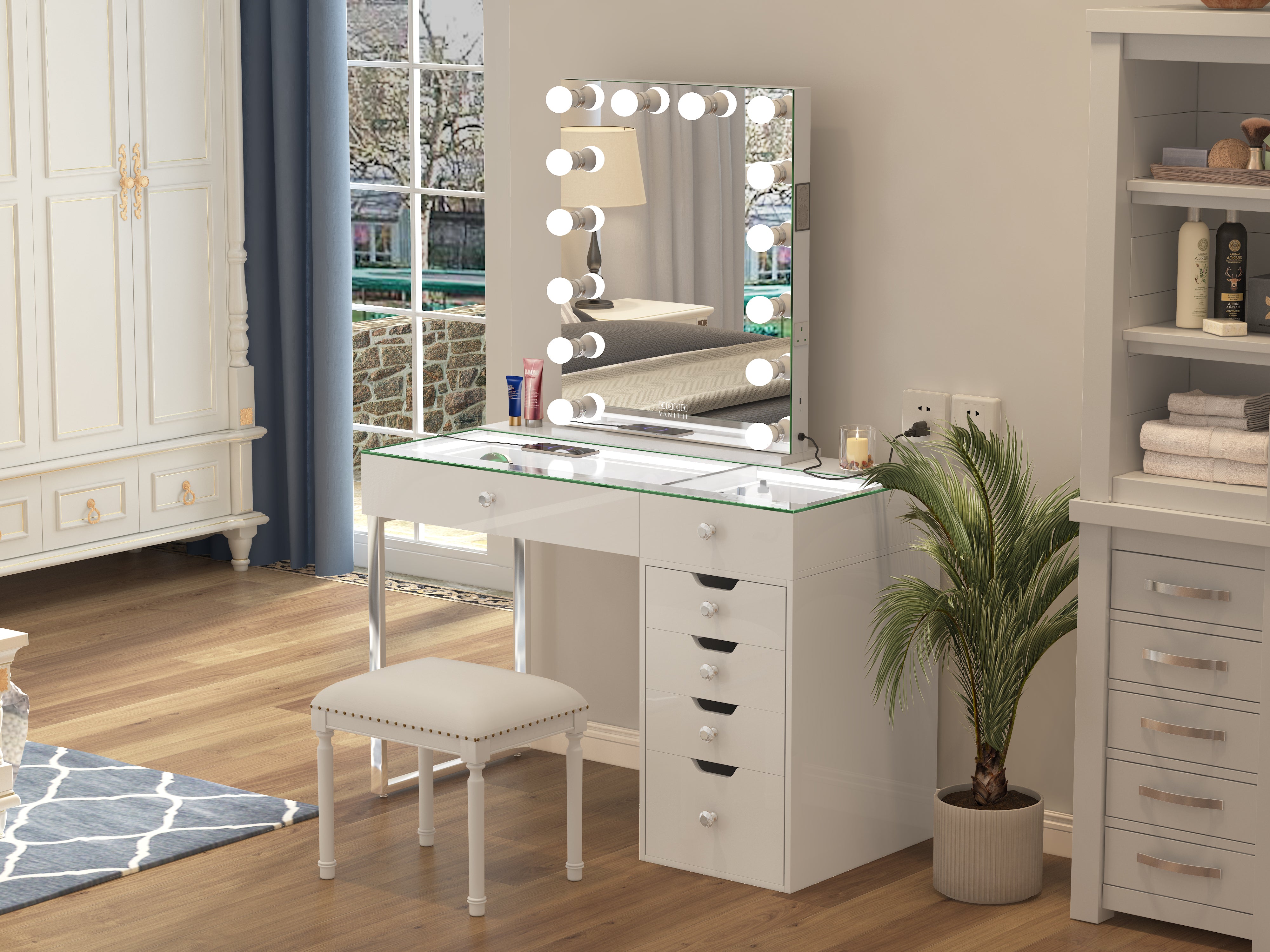 Minimalist dressing stool with circular base and white cushion – suitable for vanity tables