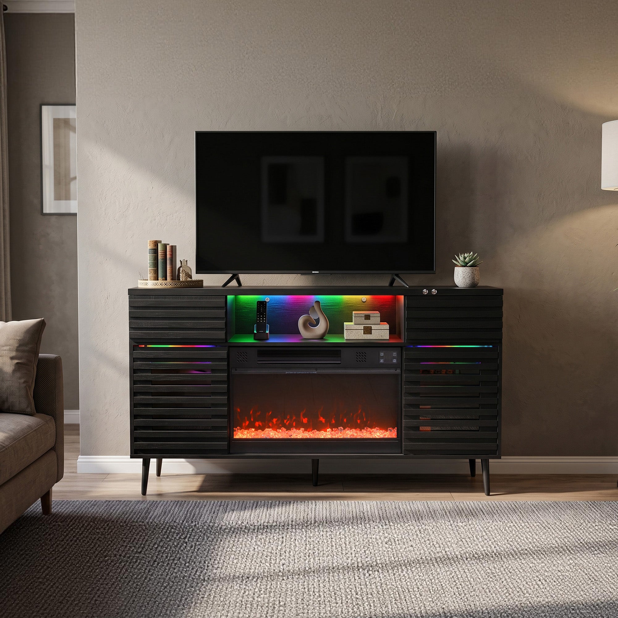 VANITII Mid-Century Fully Assembled Sita TV Stand with Electric Fireplace