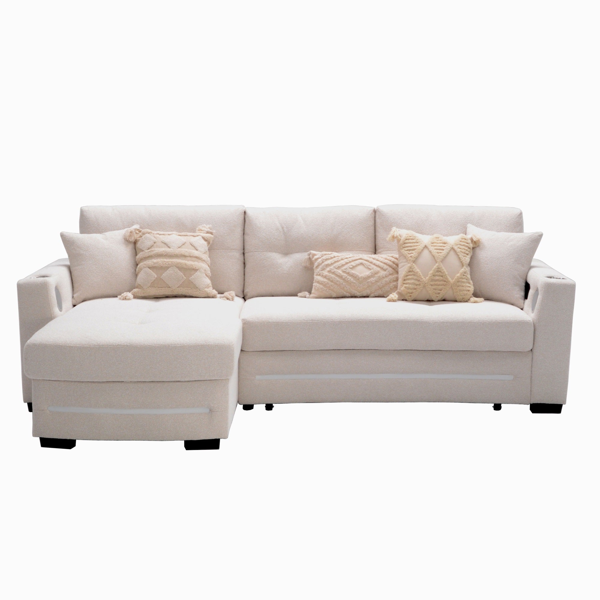 A beige L-Shape Sofa with storage and Pull-out bed.Its directions is LHF.