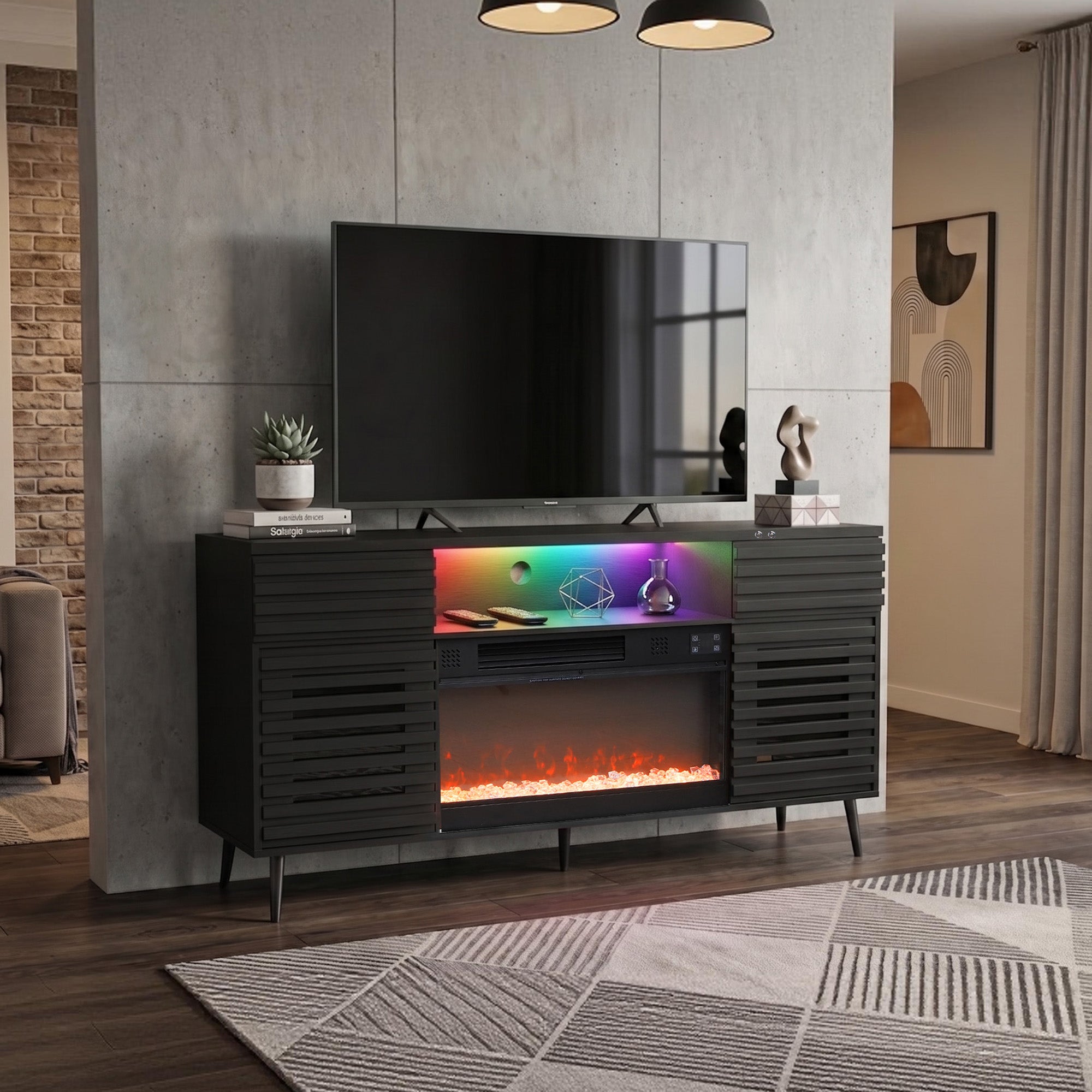 VANITII Mid-Century Fully Assembled Sita TV Stand with Electric Fireplace