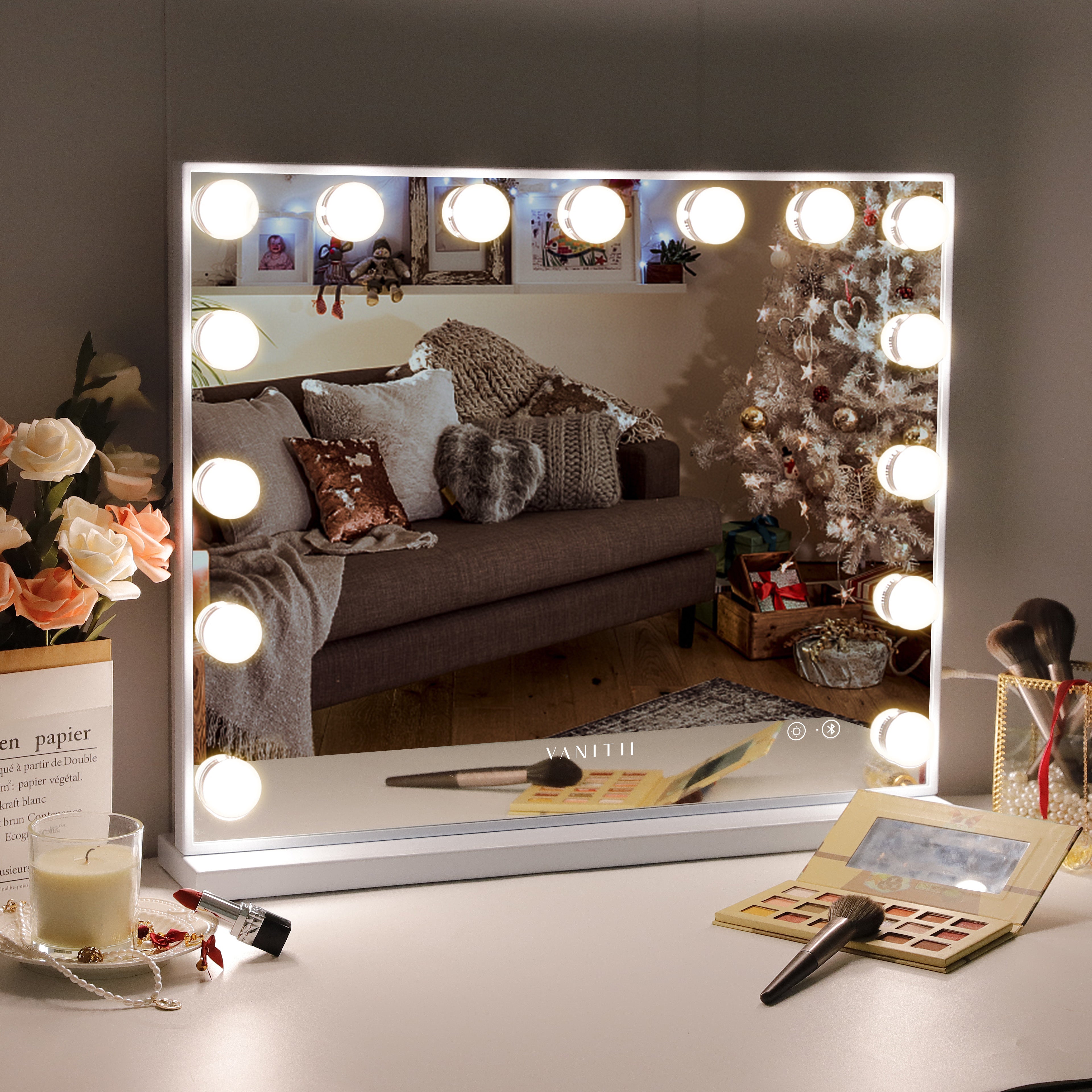 VANITII Mary Hollywood Vanity Mirror XXL features Bluetooth Speakers,15 Dimmable LED Bulbs,Smart touch control and USB charging port.The frame of the mirror is designed in a simple white style. Place it on the makeup table in your bedroom to perfectly combine fashion and practicality.