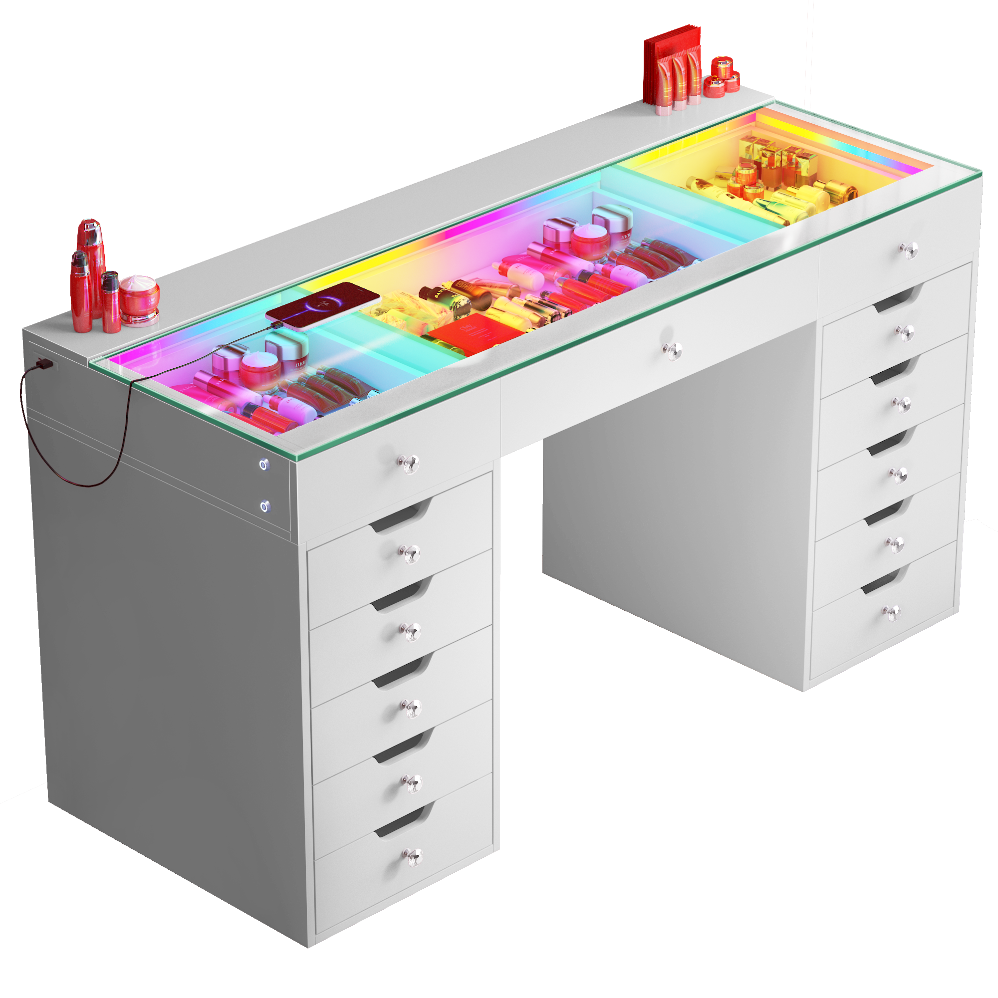 VANITII Eva vanity desk features 13 storage drawers,Type C and USB charging port and build-in RGB LED light strip.It features a simple white design.