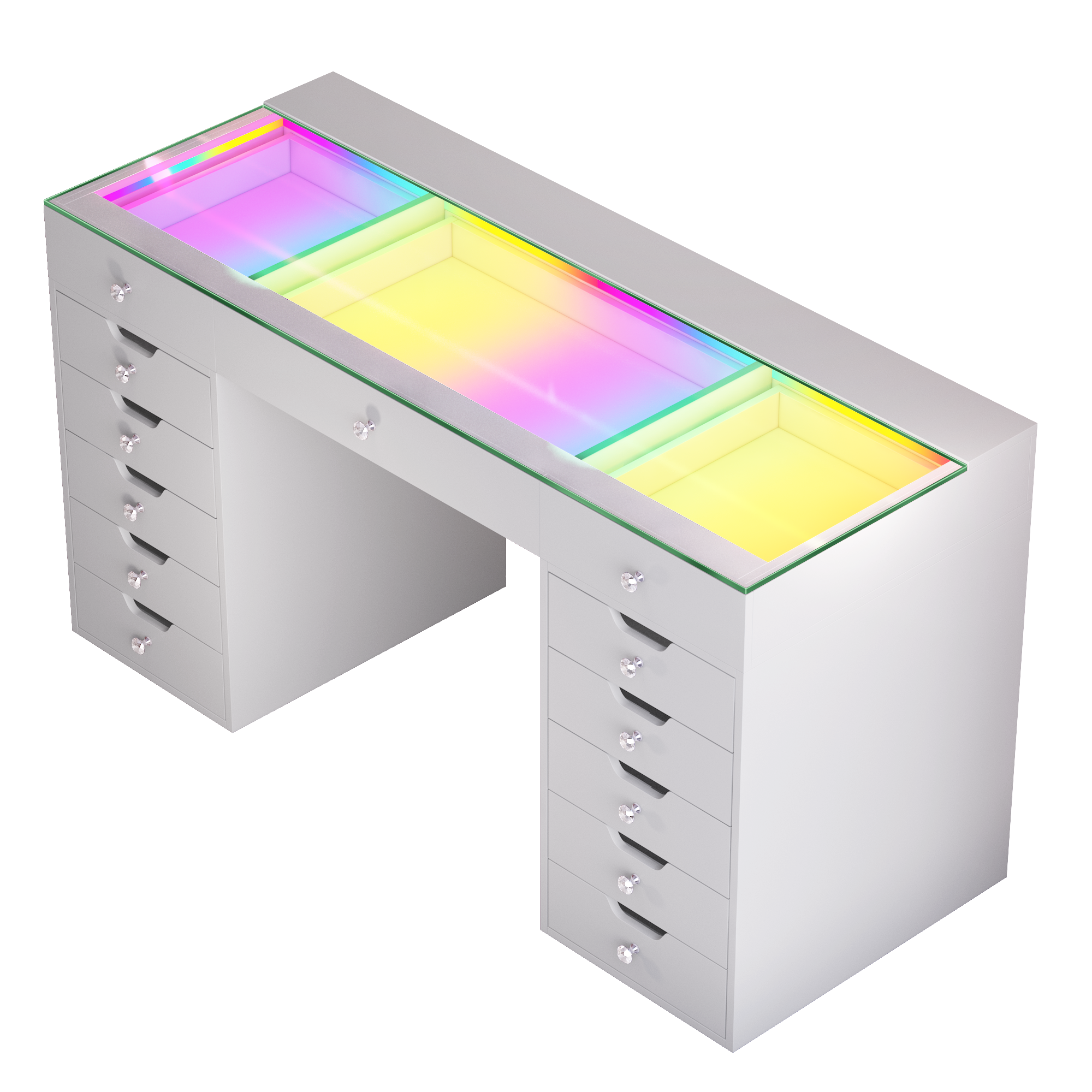VANITII Eva vanity desk features 13 storage drawers,Type C and USB charging port and build-in RGB LED light strip.It features a simple white design.