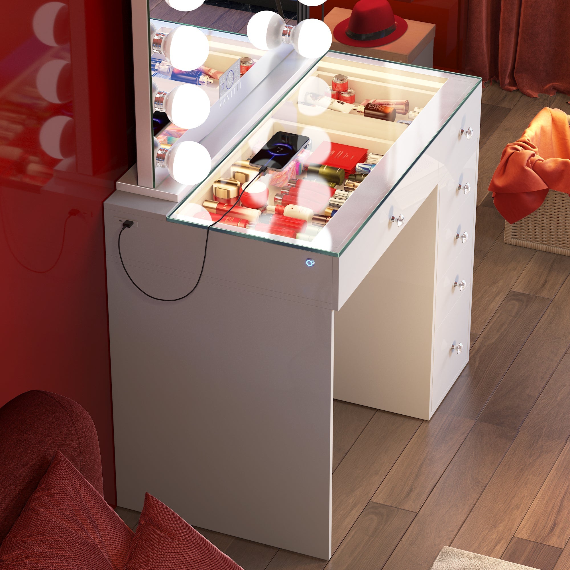 VANITII Diana Vanity Desk features 6 drawers with crystal handles, Type-C and USB charging ports, and 3 color LED light strip built into the glass countertop. It features a simple white design. When placed in the bedroom, it perfectly combines beauty and functionality.