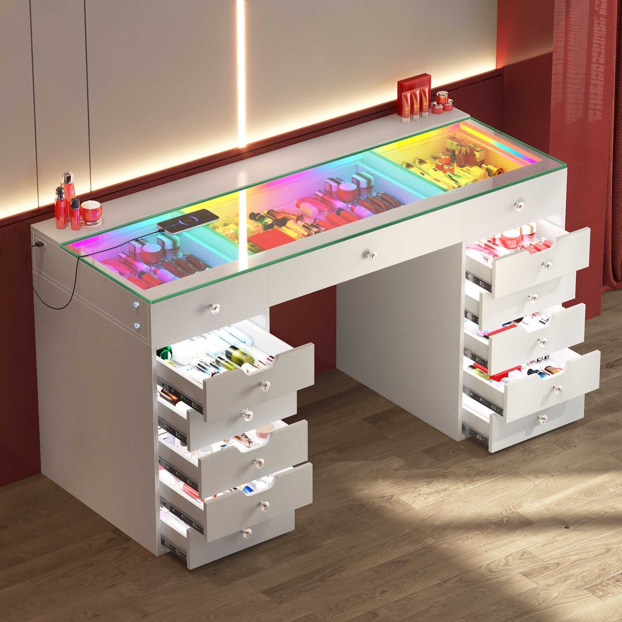VANITII Eva Vanity Desk features 13 buttery-smooth drawers,RGB LED light strip and Dual Type-C + USB ports.It feature a simple white design. Placed on the makeup table in the bedroom, it perfectly combine beauty and functionality.