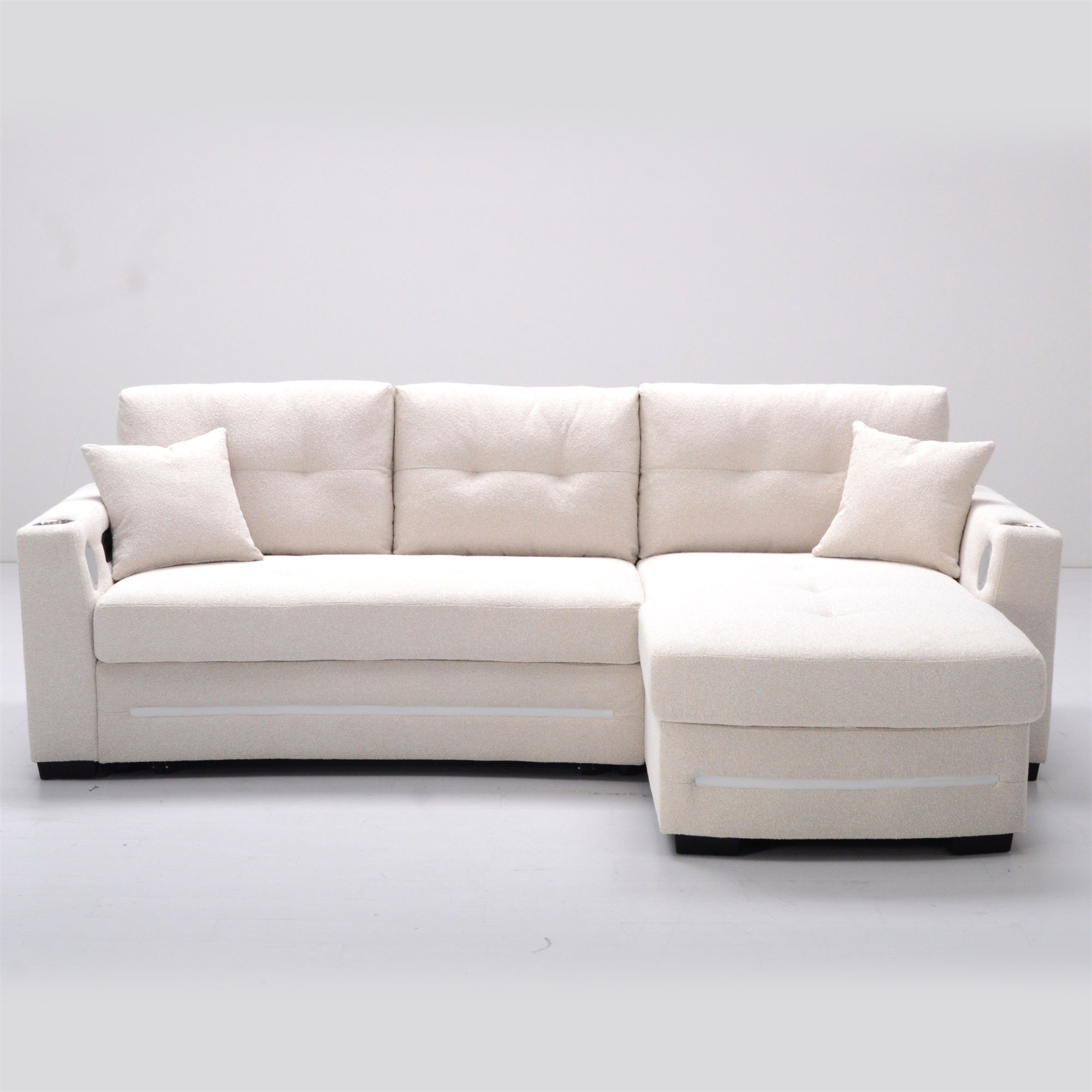 A beige L-Shape Sofa with storage and Pull-out bed.Its directions is RHF.