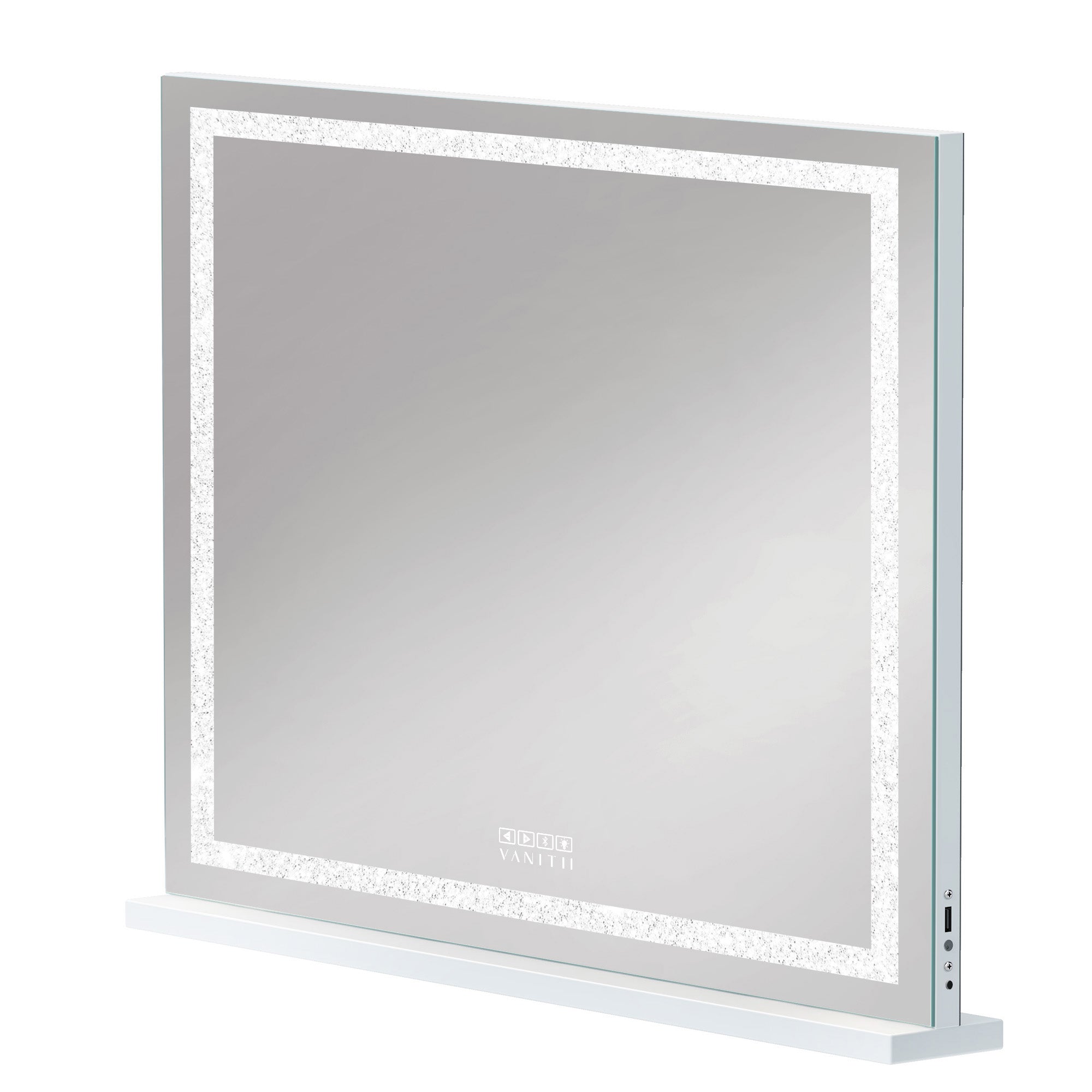 Crystal Hollywood-style vanity mirror with LED strip and Bluetooth speakers by VANITII