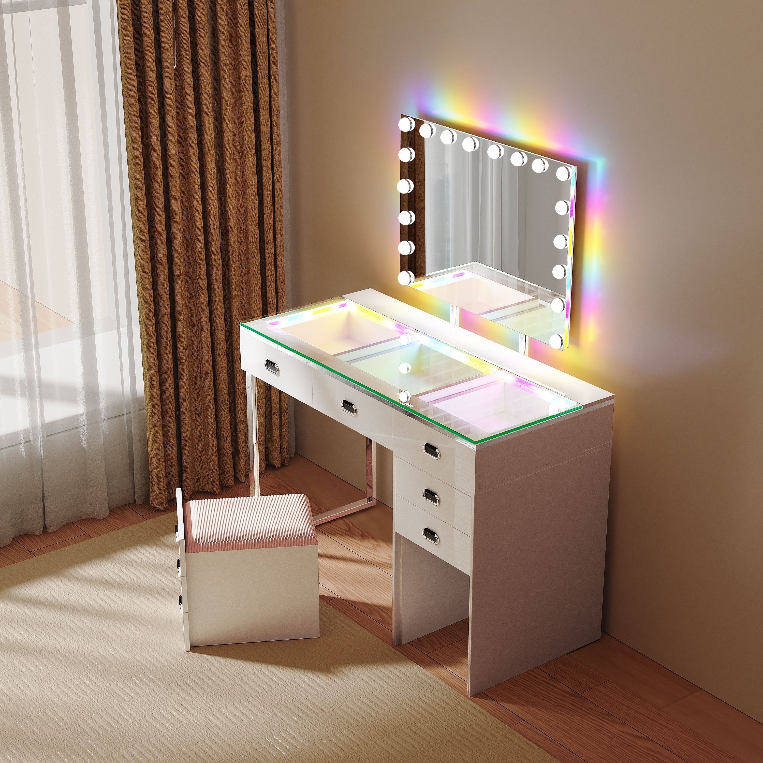 There are VANITII Chelsea Vanity Set.Its desk features 6 storage drawers with a soft hidden stool .And mirror features detachable high lumen led bulbs and bluetooth speaker.The overall design is simple and white. It is placed in the bedroom and is both practical and versatile.