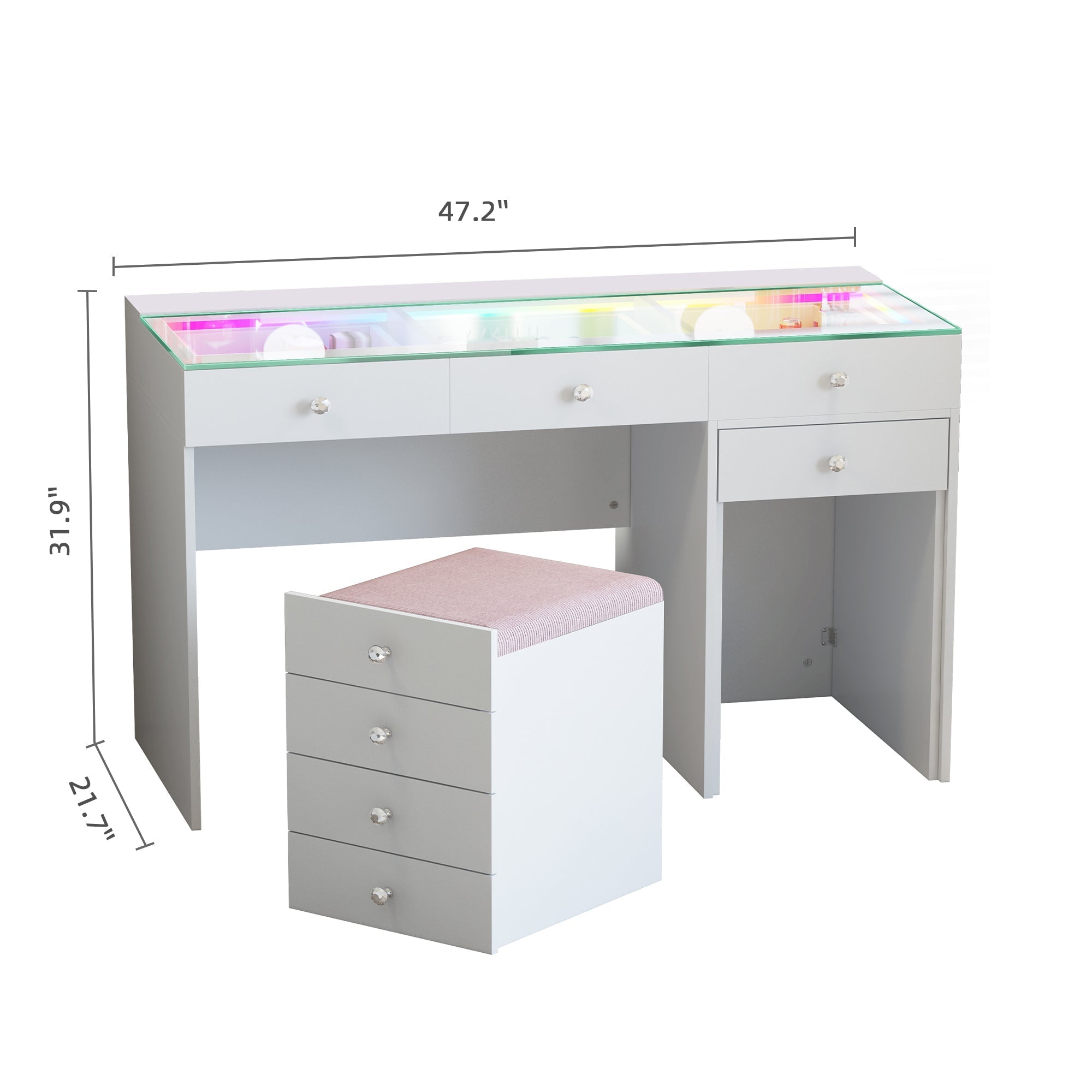 Size of VANITII Diana 8 Drawers RGB Vanity Desk Includes a Soft Hidden Stool With Storage Space.