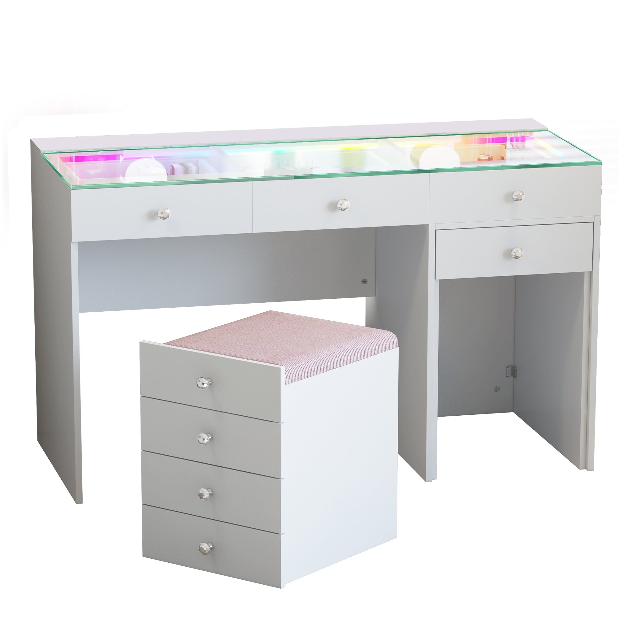 This VANITII Diana Vanity Desk is equipped with 8 storage drawers, a Soft Hidden Stool with storage space, and an RGB adjustable light strip installed in the desktop drawer. It features a simple white design that perfectly combines beauty and functionality.