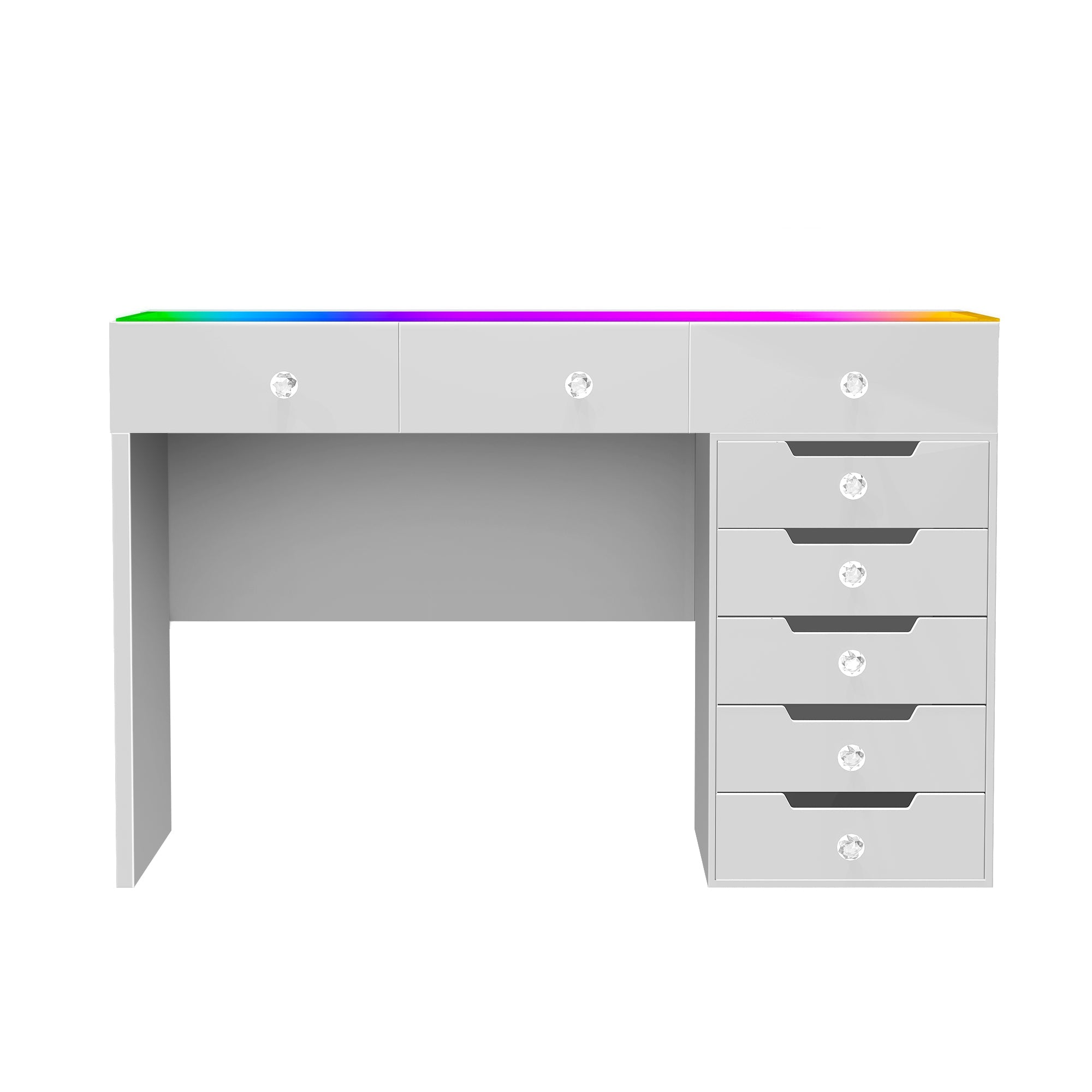 The VANITILL vanity table features 8 storage drawers, built-in RGB LED lighting, and Type-C and USB charging ports. With its minimalist white design, it’s both stylish and versatile.