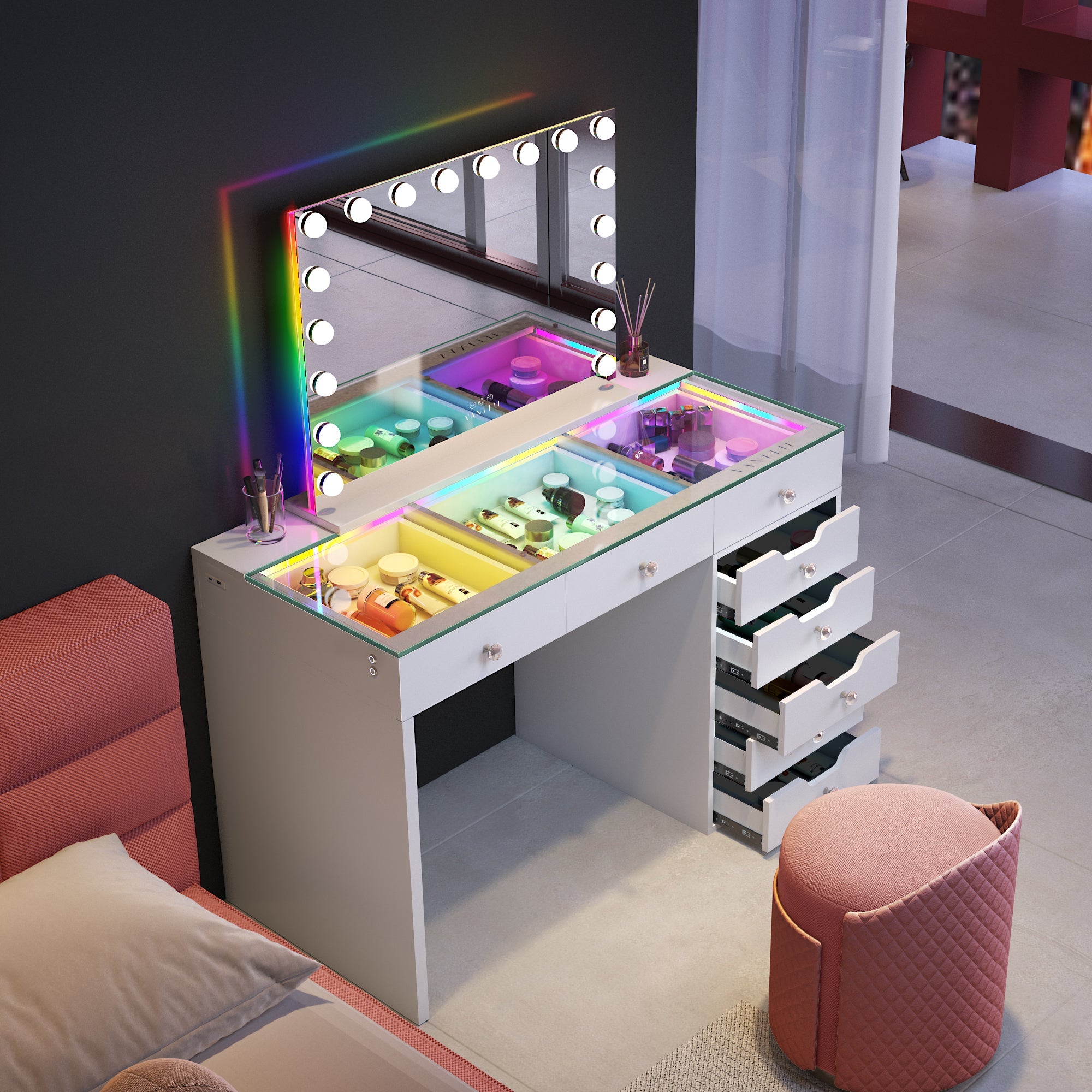 The VANITILL vanity features 8 storage drawers, built-in RGB LED lighting, and Type-C and USB charging ports. With its minimalist white design, it adds a stylish and versatile touch to any bedroom.