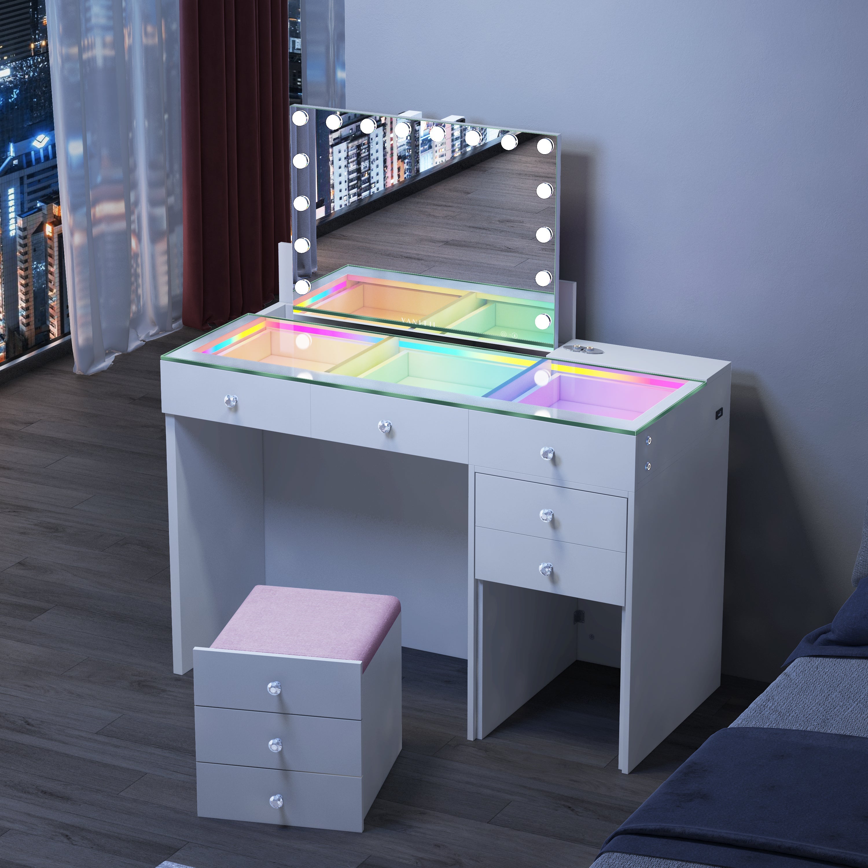 VANITII ASCEND Vanity Set featrues 8 Storage Drawers with Crystal Handles,a hidden stool in the drawers.Vanity mirror built in Bluetooth Speaker and LED Bulbs.It features a simple white design. When placed in the bedroom, it perfectly combines beauty and functionality.