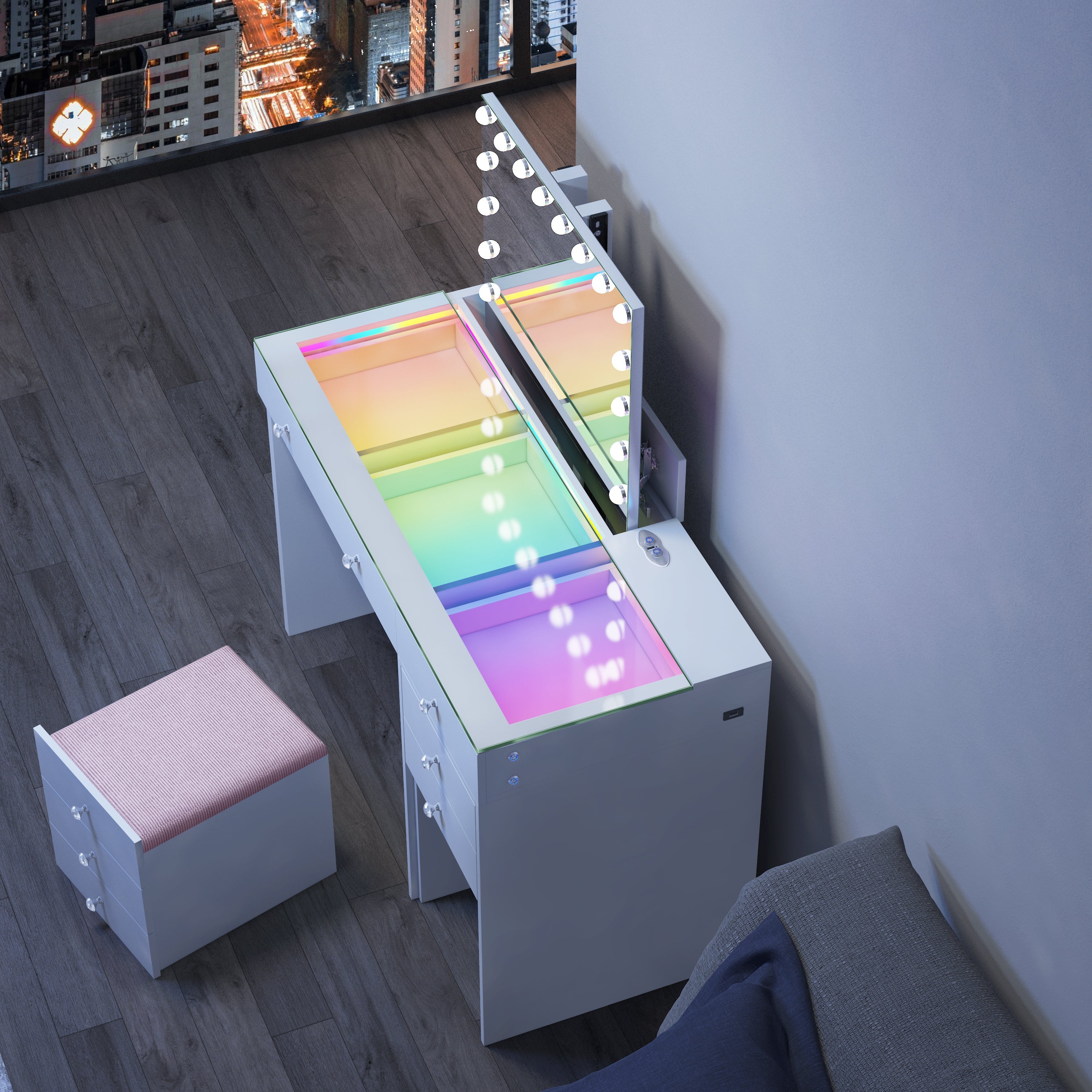 VANITII ASCEND Vanity Set featrues 8 Storage Drawers with Crystal Handles,a hidden stool in the drawers.Vanity mirror built in Bluetooth Speaker and LED Bulbs.It features a simple white design. When placed in the bedroom, it perfectly combines beauty and functionality.