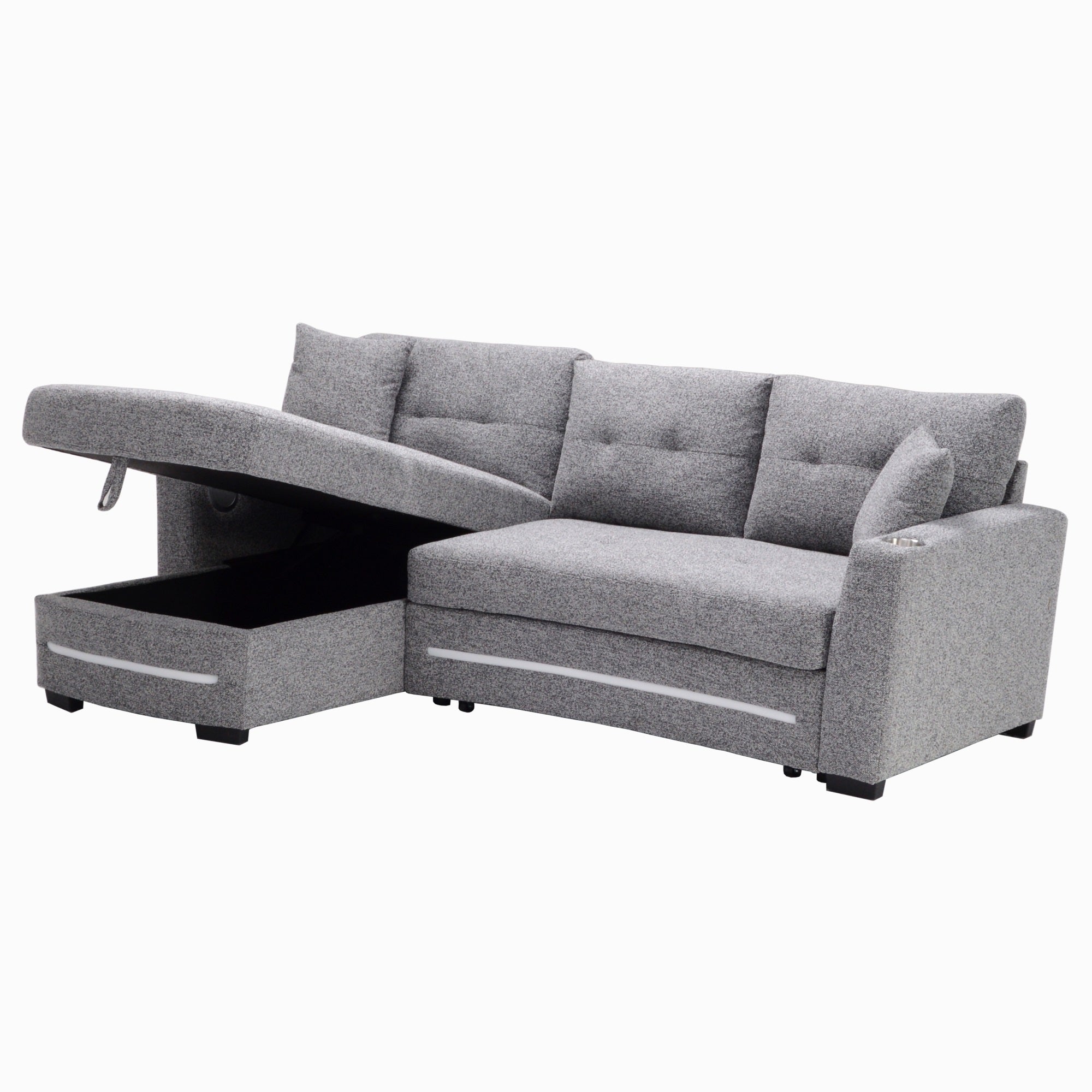 A dark grey L-Shape Sofa with storage and Pull-out bed.Its directions is LHF.