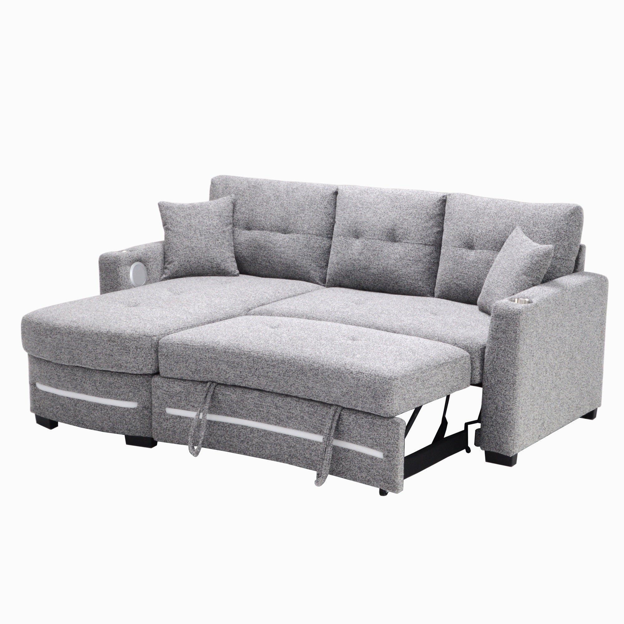 A dark grey L-Shape Sofa with storage and Pull-out bed.Its directions is LHF.It converts into a bed.