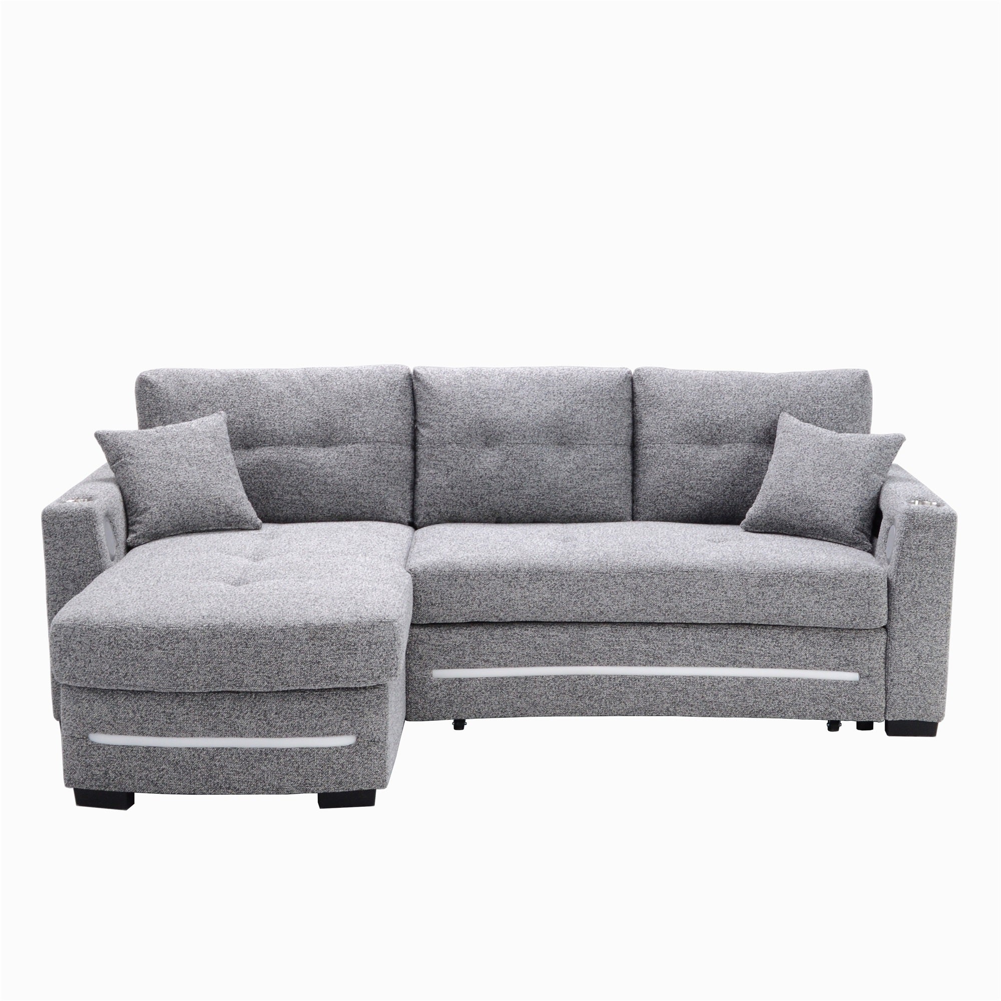 A dark grey L-Shape Sofa with storage and Pull-out bed.Its directions is LHF.