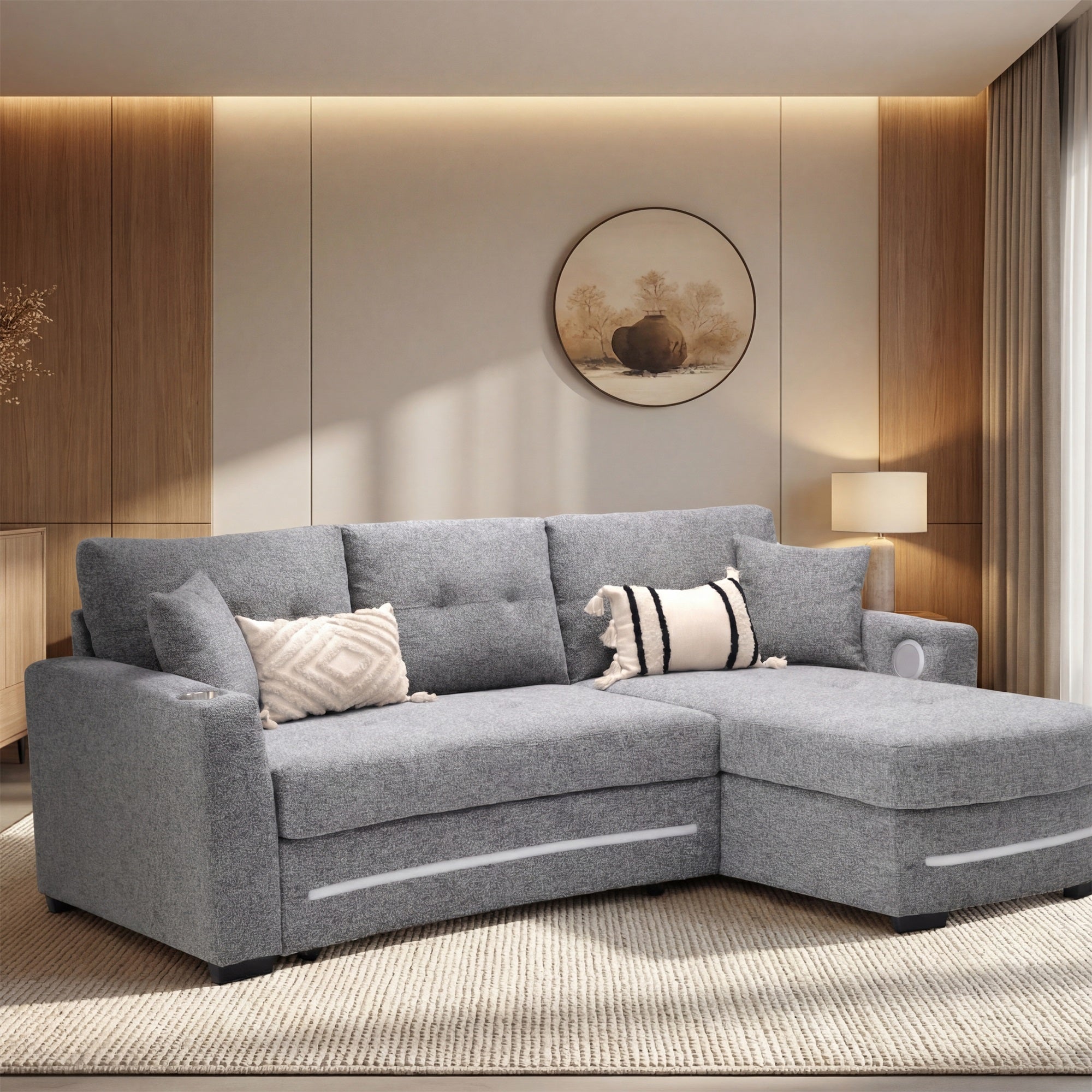 A dark grey L-Shape Sofa with storage and Pull-out bed.Its directions is RHF.The overall design is simple and dark grey. It is placed in the living room and is both practical and versatile.