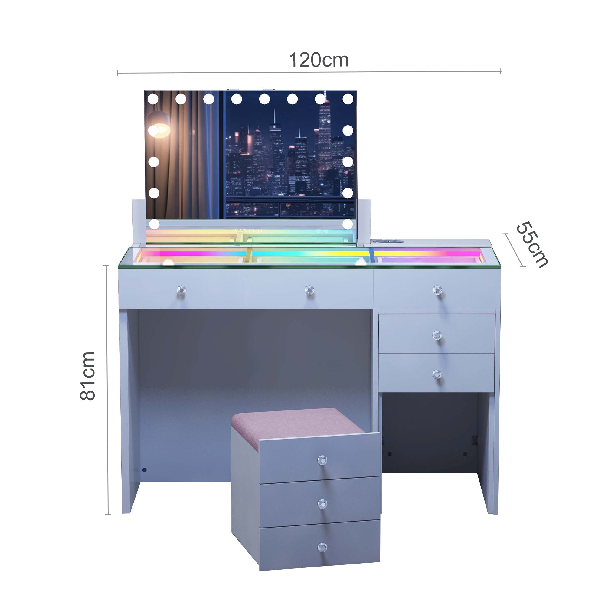 Size of VANITII ASCEND Vanity Set with 8 Storage Drawers,a hidden stool in the drawers and a mirror.